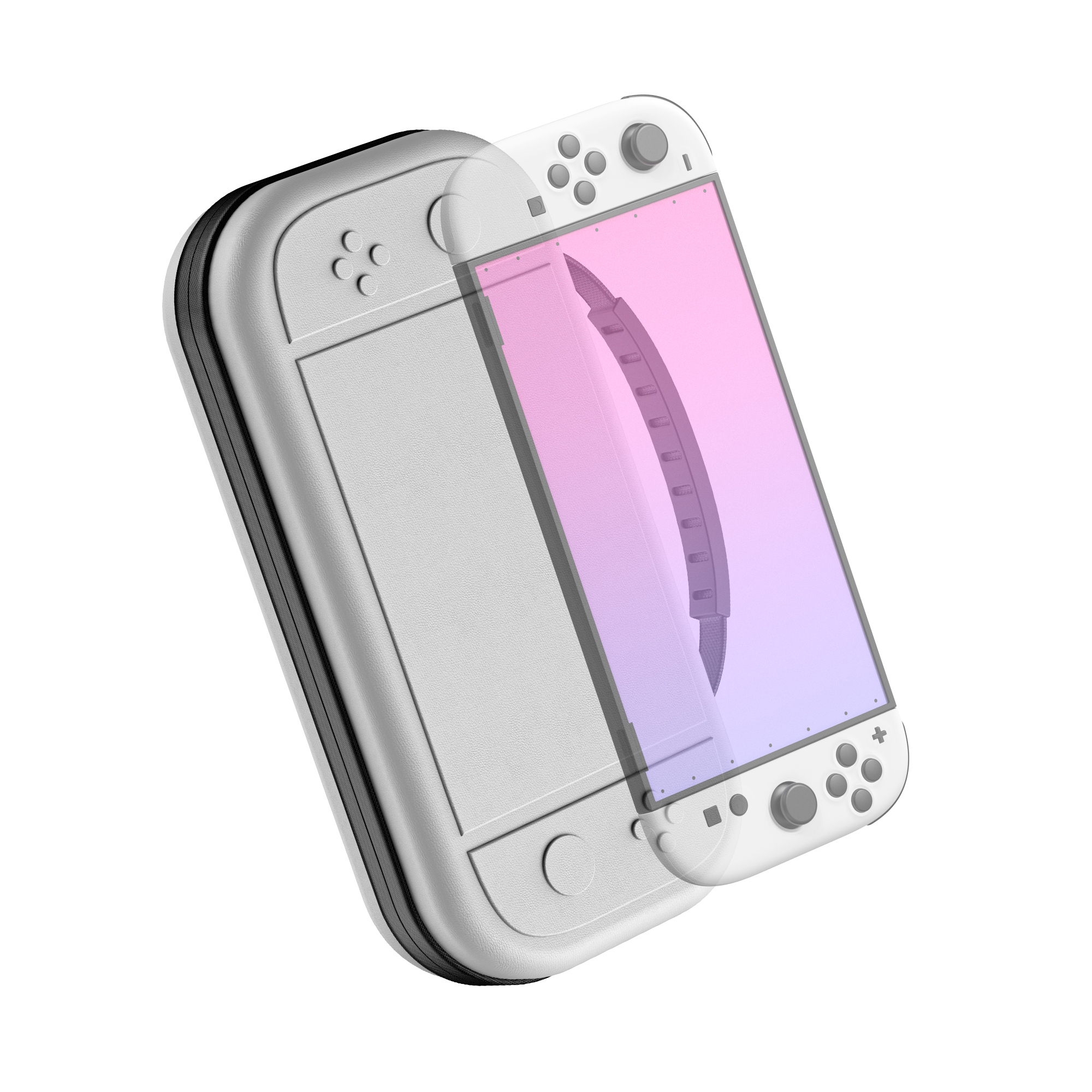 Custodia bianca, aperta con schermo e controller. La custodia ha pulsanti del controller.