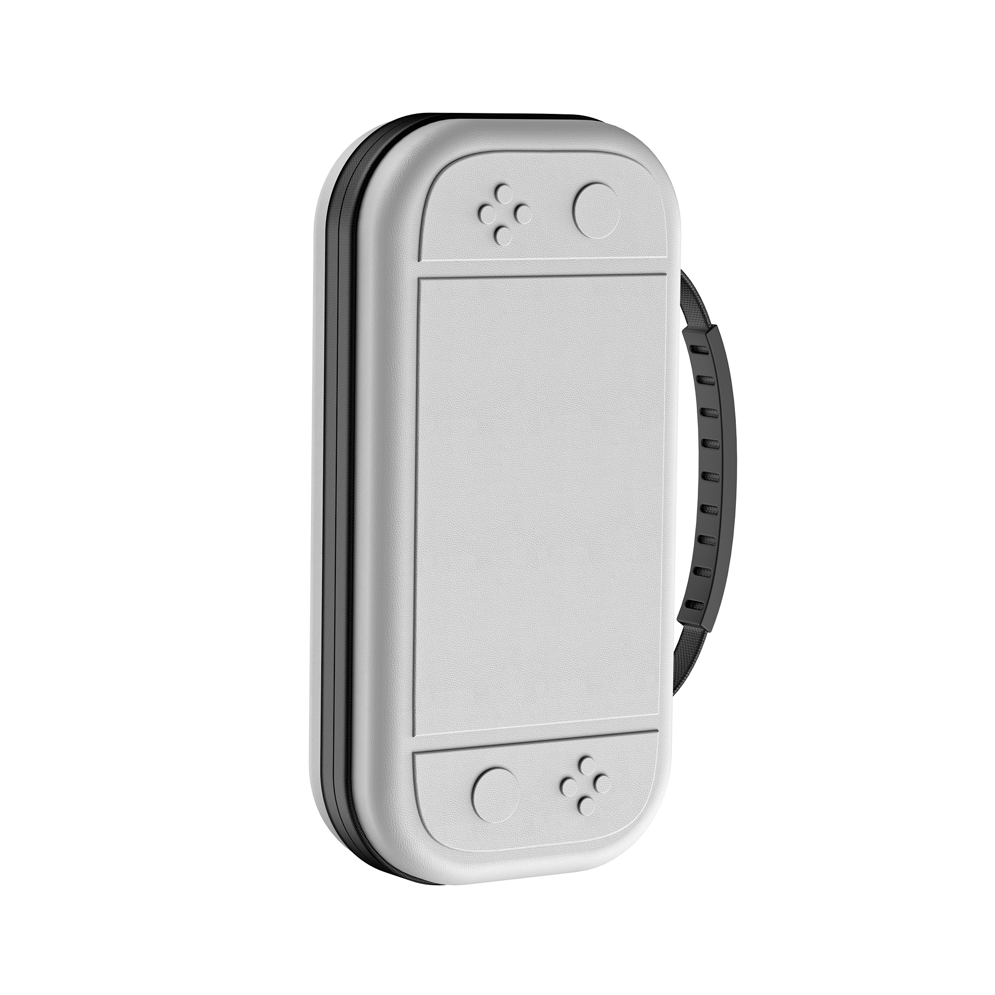 Custodia bianca per console di gioco con maniglia e pulsanti, su sfondo bianco.