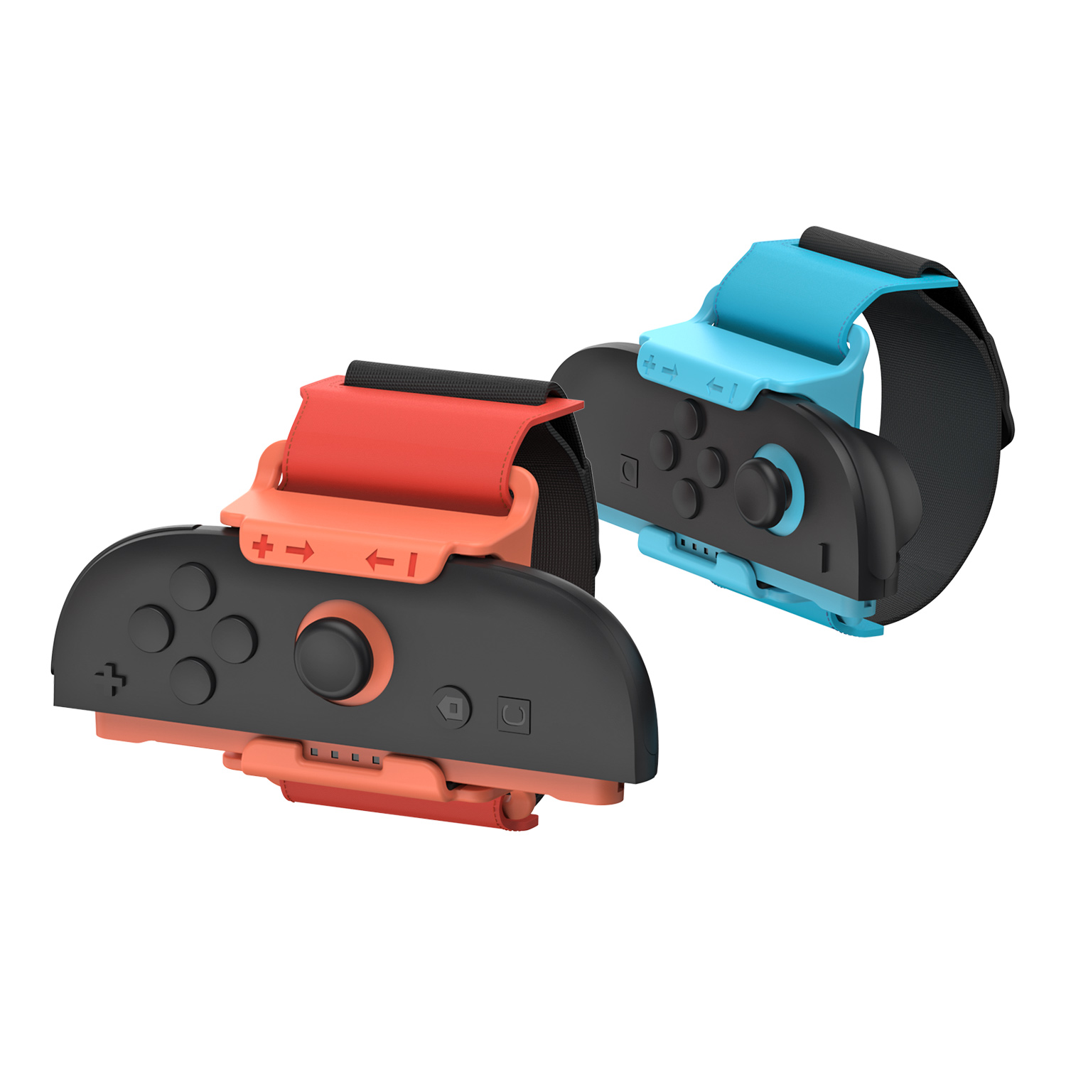 Zwei schwarze Gamecontroller mit roten und blauen Riemen nebeneinander, Knöpfe und Handgelenkbänder zeigend.