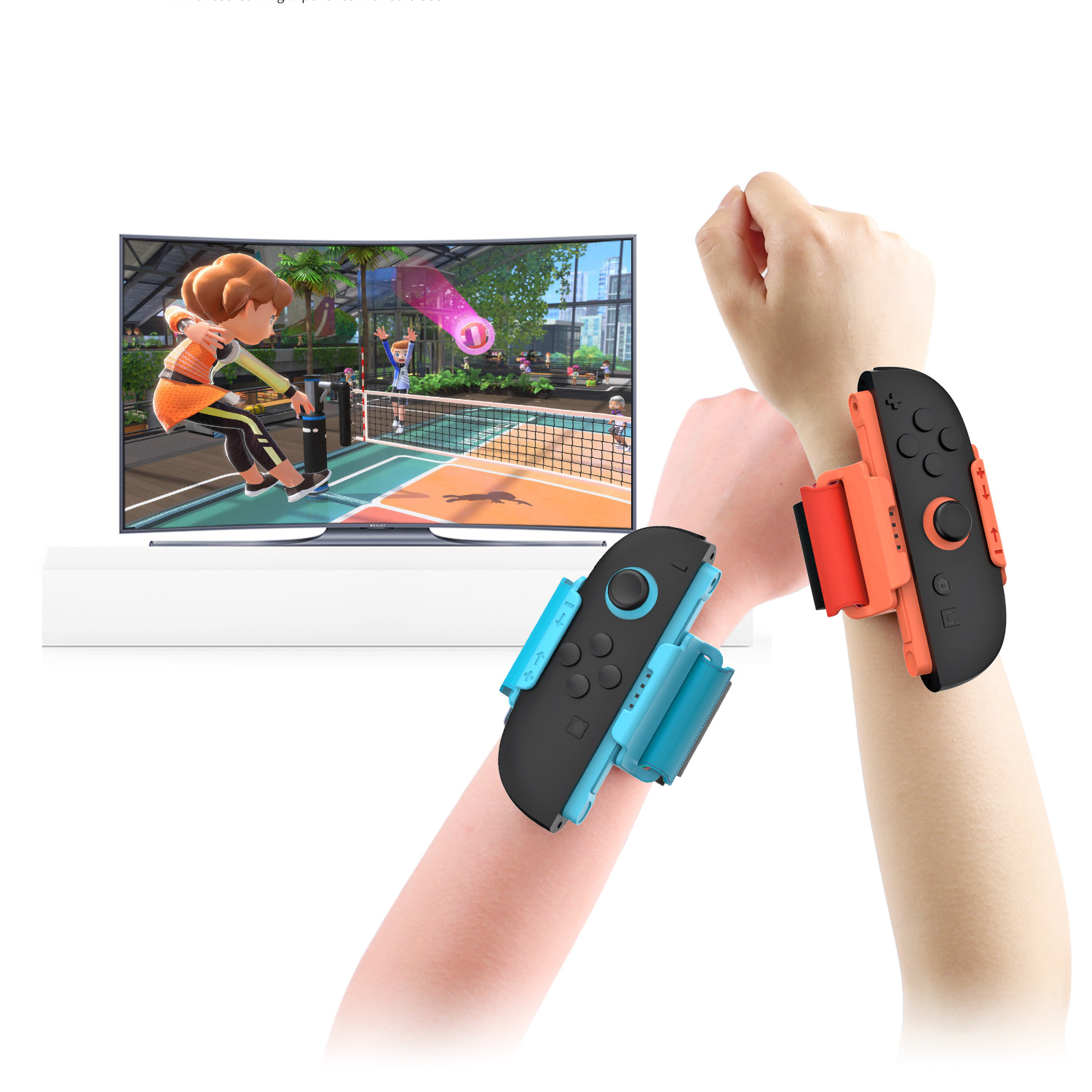 Person trägt Controller an den Handgelenken und spielt ein Spiel auf einem Fernsehbildschirm.