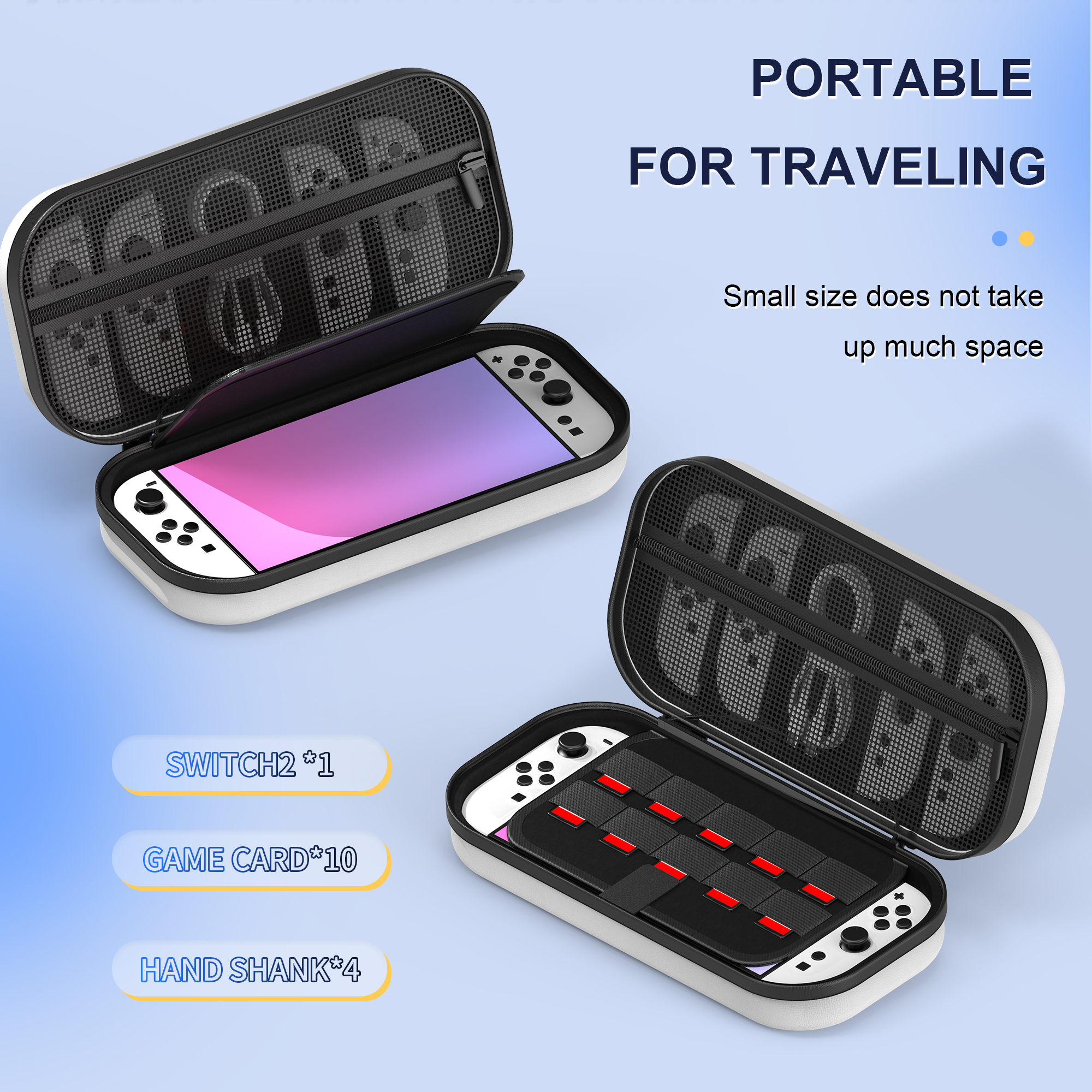 Due custodie di gioco bianche aperte, con Switch e cartucce all'interno. Testo: Portatile per viaggiare.