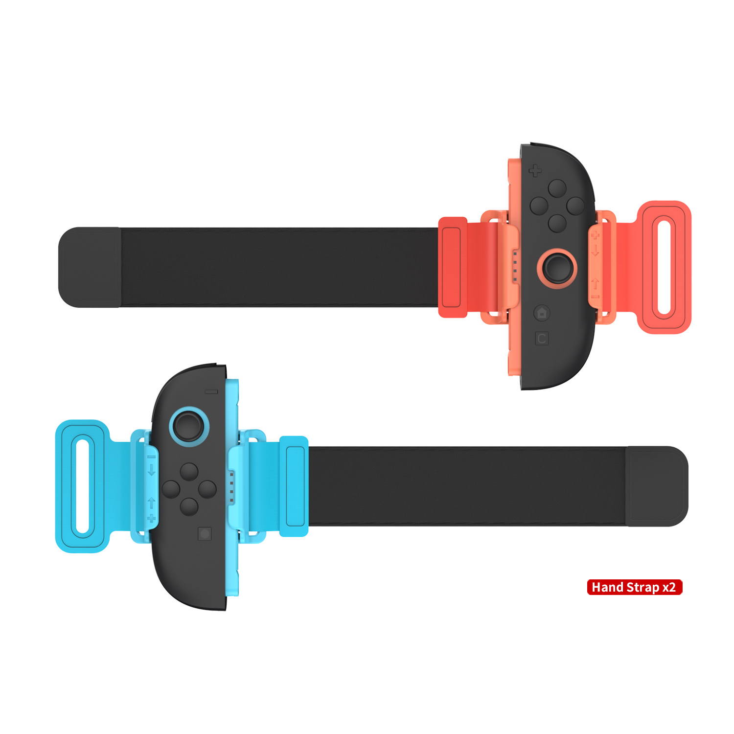 Zwei Gamecontroller-Sets mit schwarzen Riemen und roten und blauen Halterungen, horizontal angeordnet, Rückseiten zeigend.