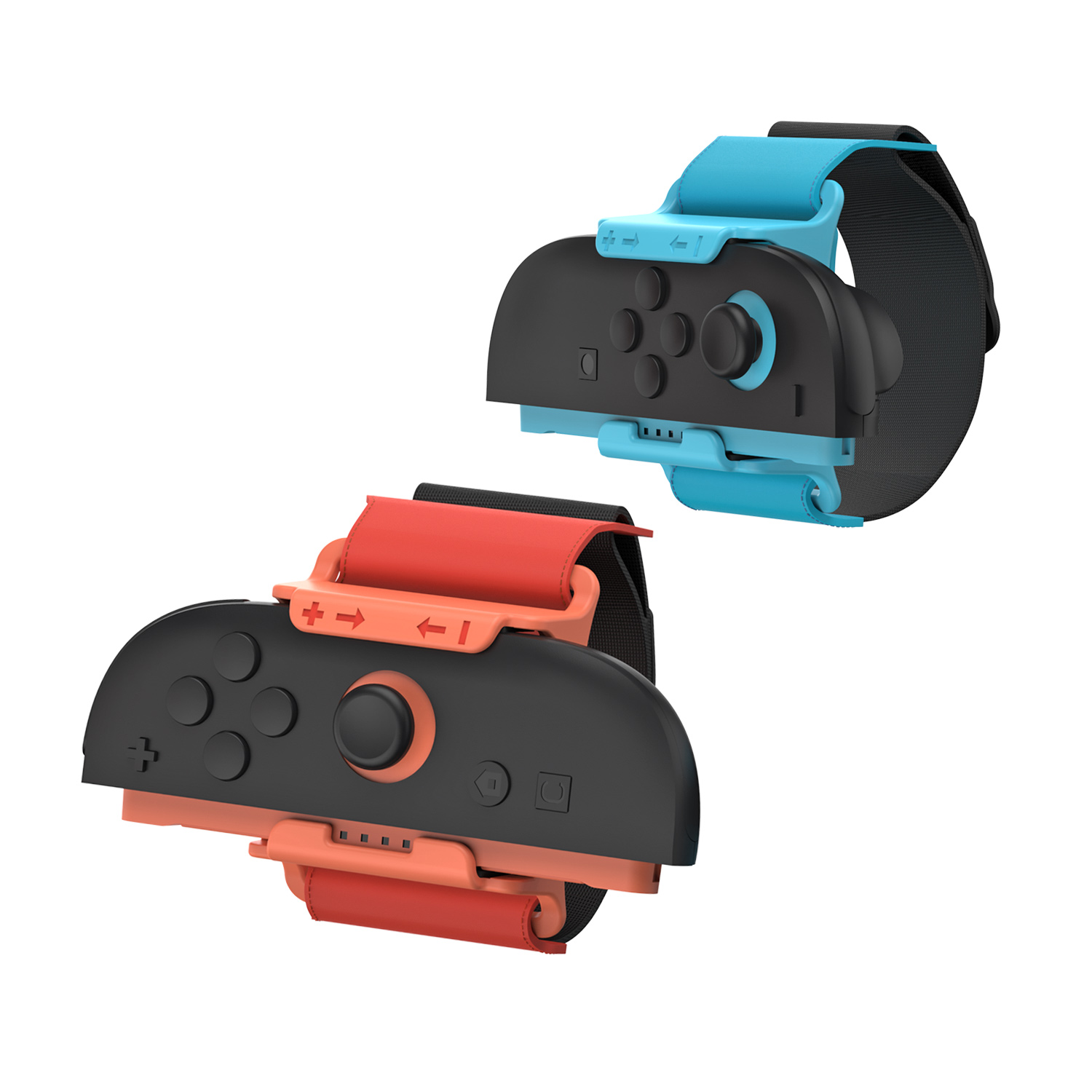 Zwei Spielcontroller mit schwarzen Gehäusen und farbigen Riemen, einer blau, einer rot, vor weißem Hintergrund.