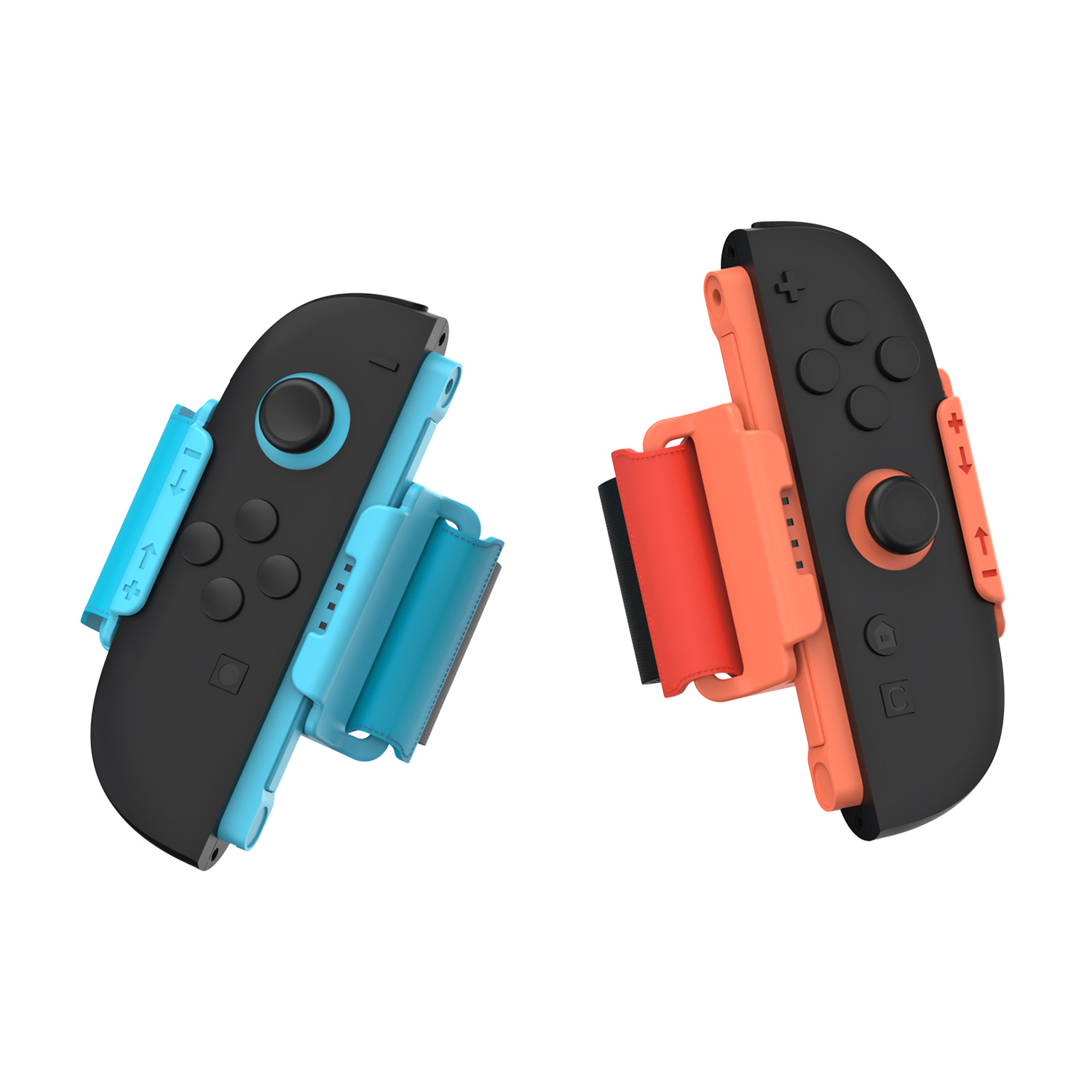 Zwei Gamecontroller mit Handgelenkschlaufen, einer blau, einer orange, auf weißem Hintergrund.