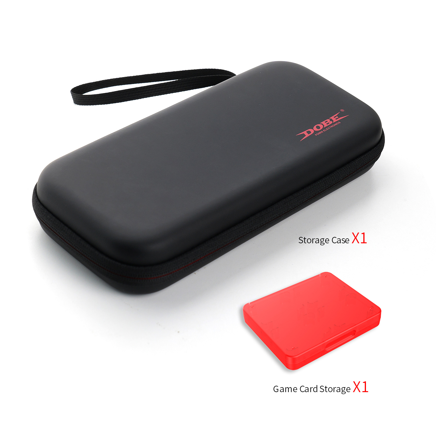 Czarny futerał do przechowywania z czerwoną obudową na karty do gier. Tekst: Etui do przechowywania X1 i Przechowywanie kart do gier X1.