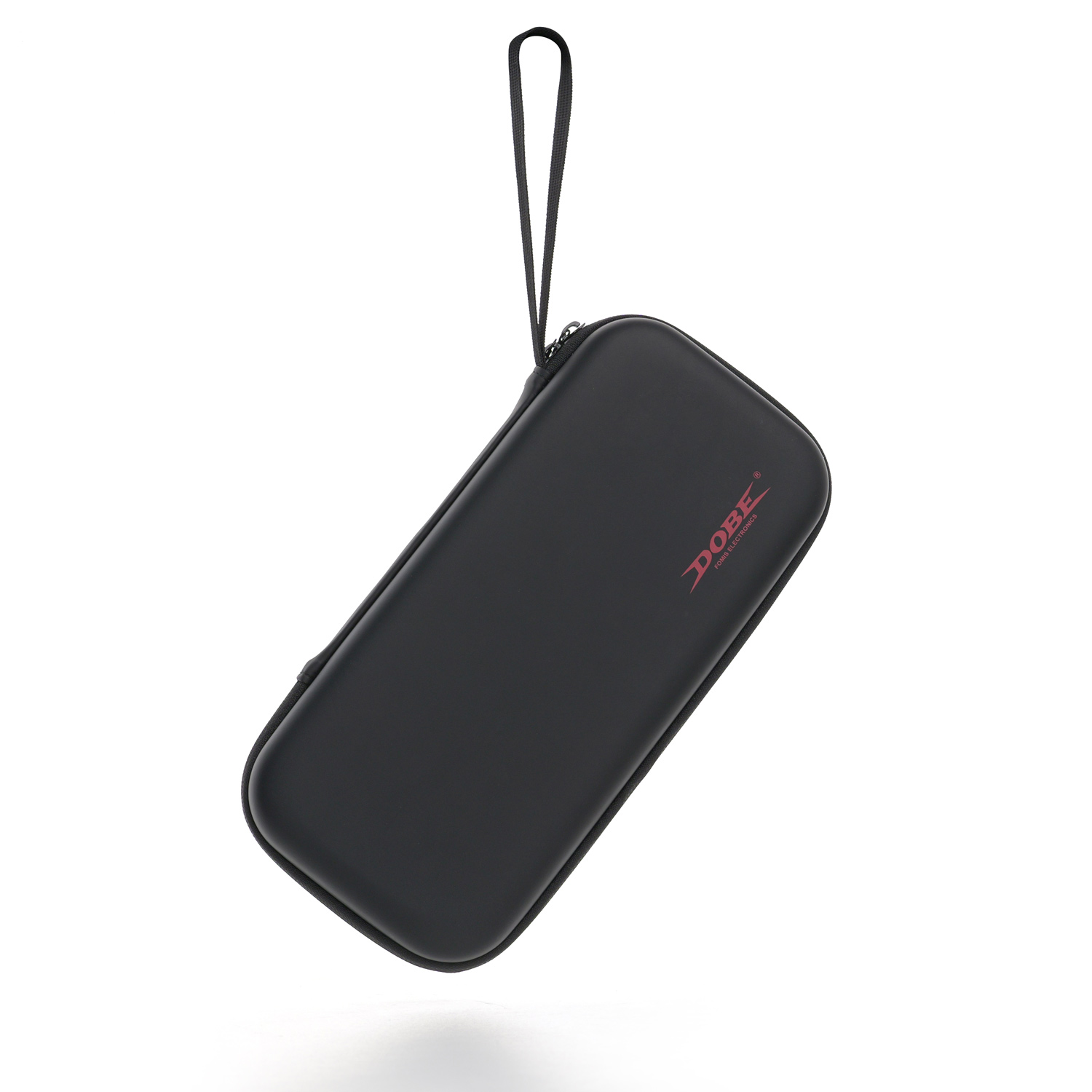 Czarne etui na konsolę do gier z uchwytem i czerwonym logo, widok z boku.