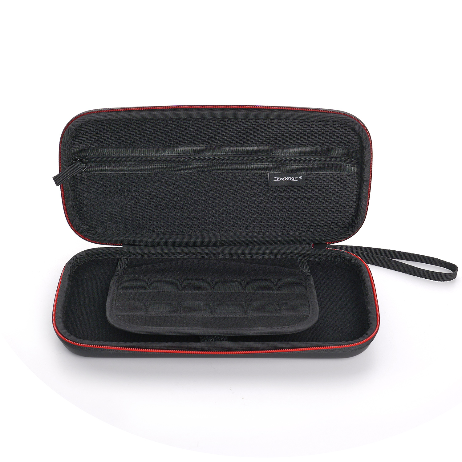 Otwarta czarna obudowa pokazująca wnętrze z małą kieszenią i czarnym paskiem.