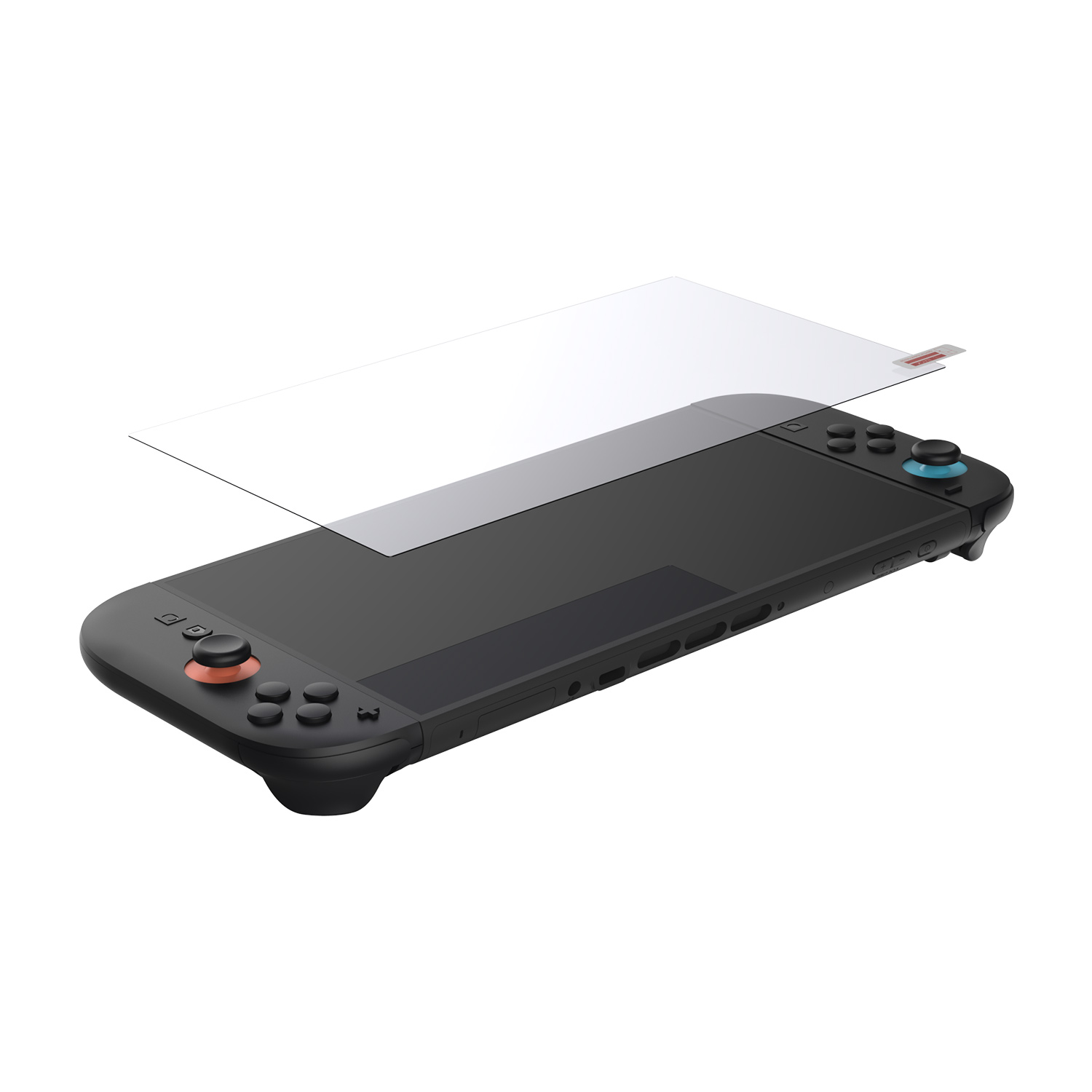 Konsola do gier z nakładanym ochraniaczem ekranu. Konsola jest czarna z kolorowymi przyciskami.