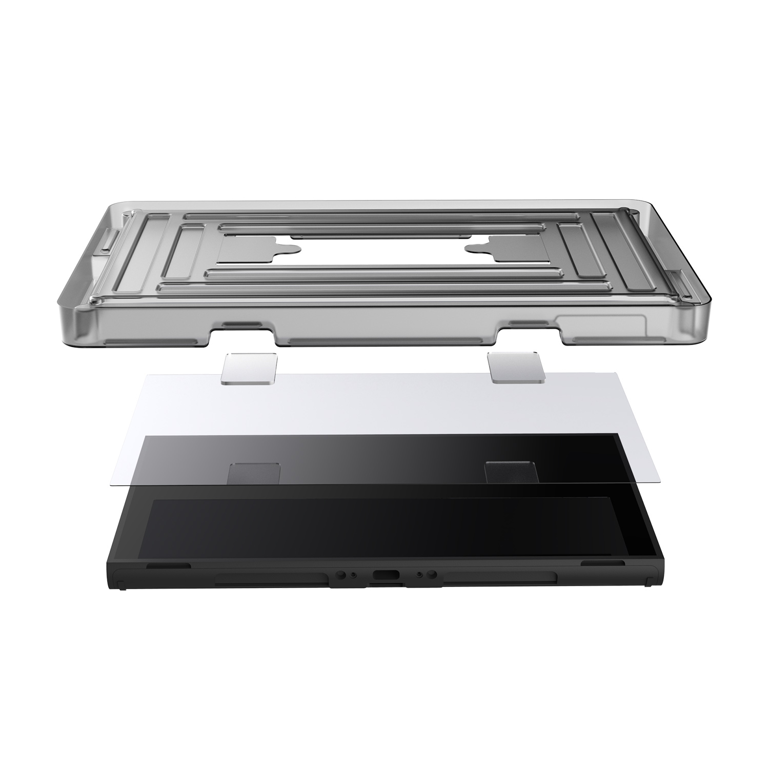 Czarna konsola do gier z osłoną ekranu i przezroczystym etui ochronnym.