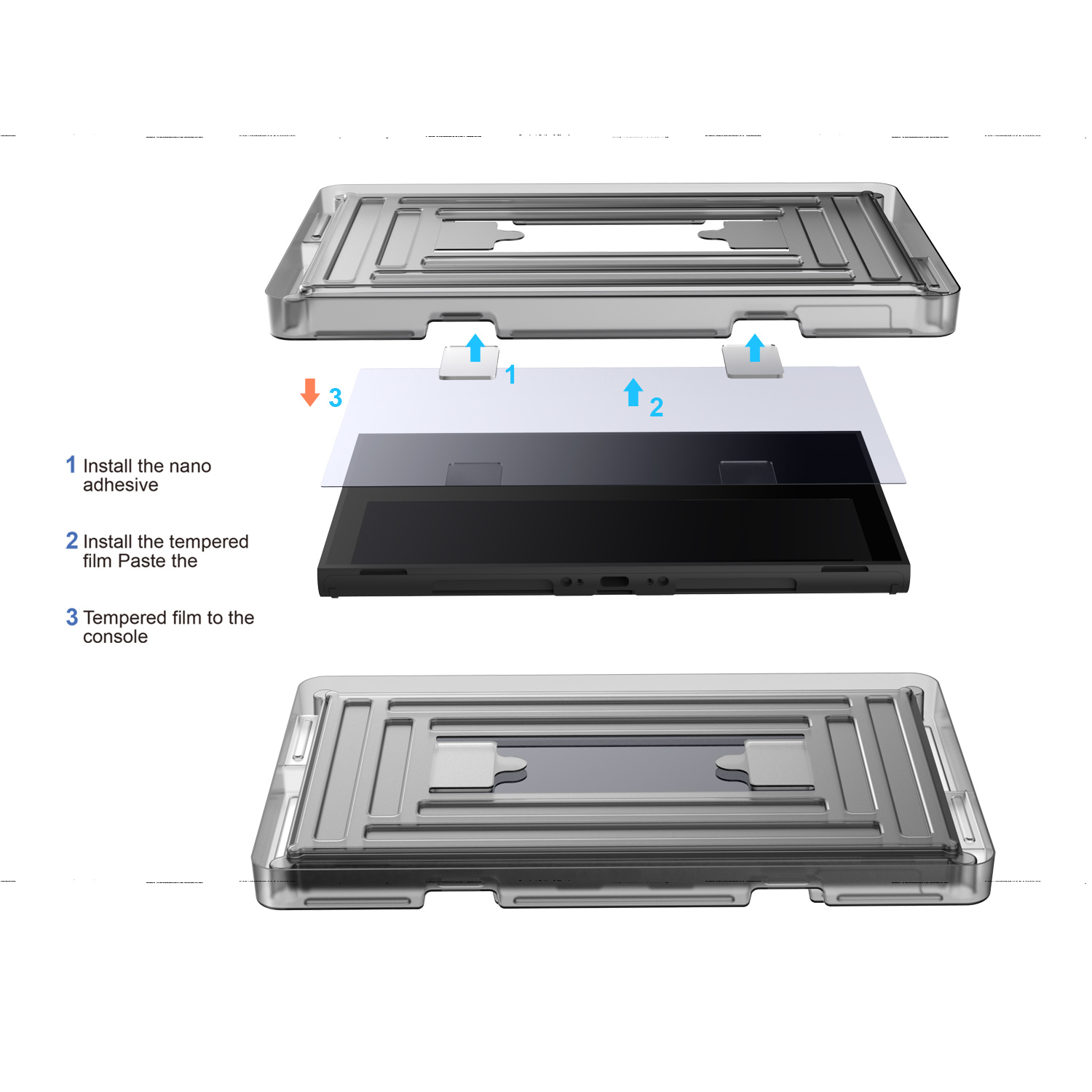 Schemat instalacji osłony ekranu. Pokazuje części, kroki i konsolę.