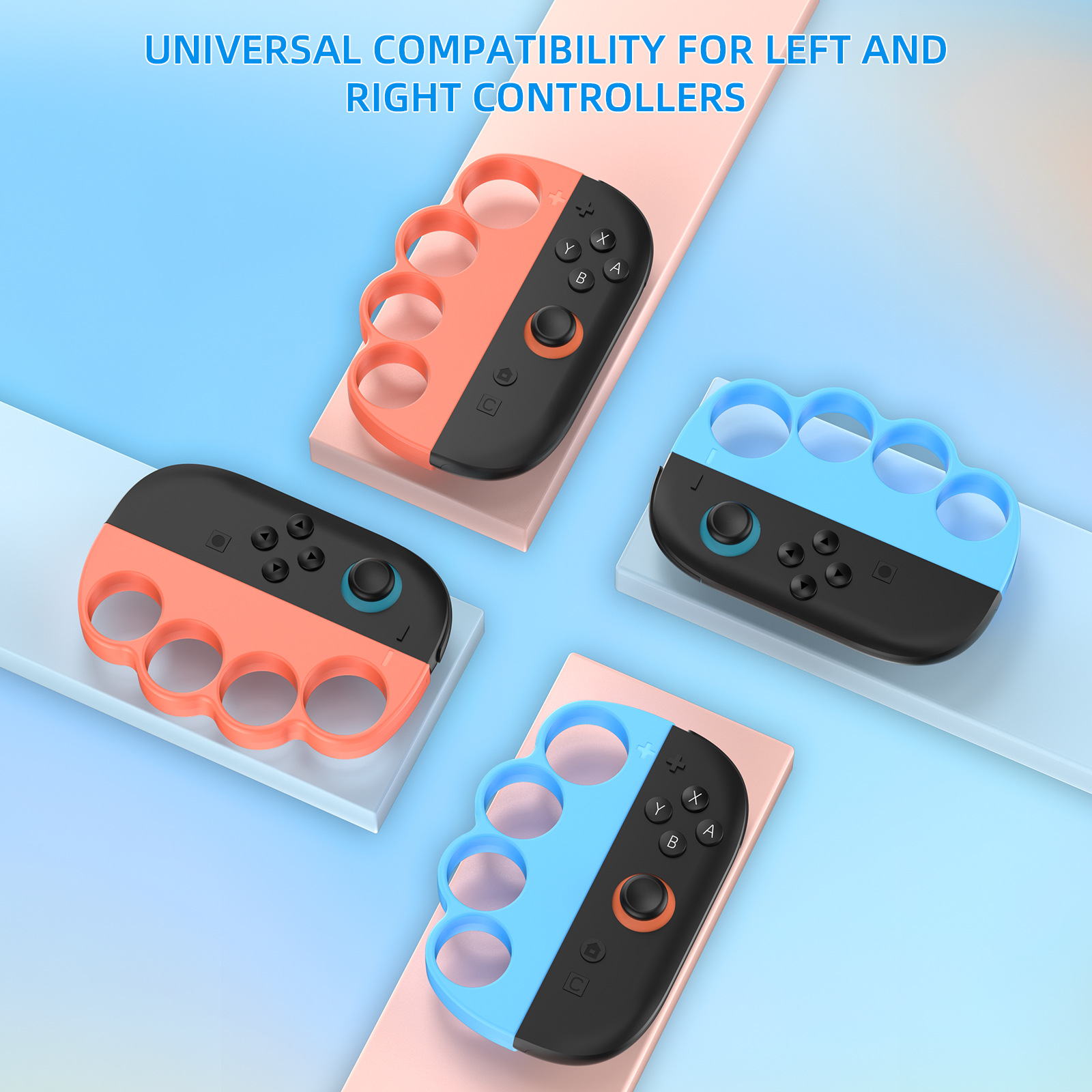 Vier Gamecontroller in Paaren von orange/schwarz und blau/schwarz auf rosa Plattformen.
