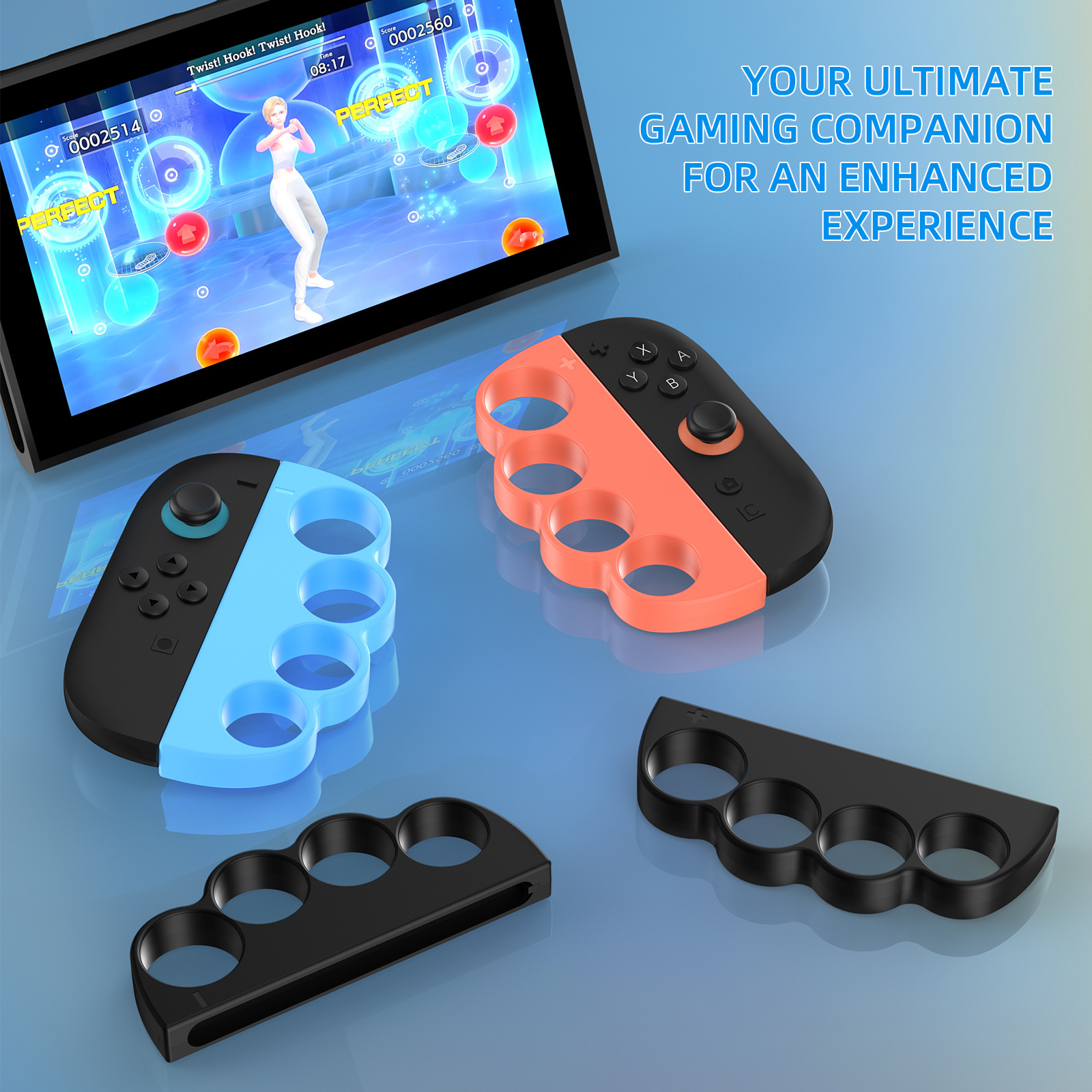 Spielcontroller und Konsole mit Boxspiel auf dem Bildschirm, blauer Hintergrund.