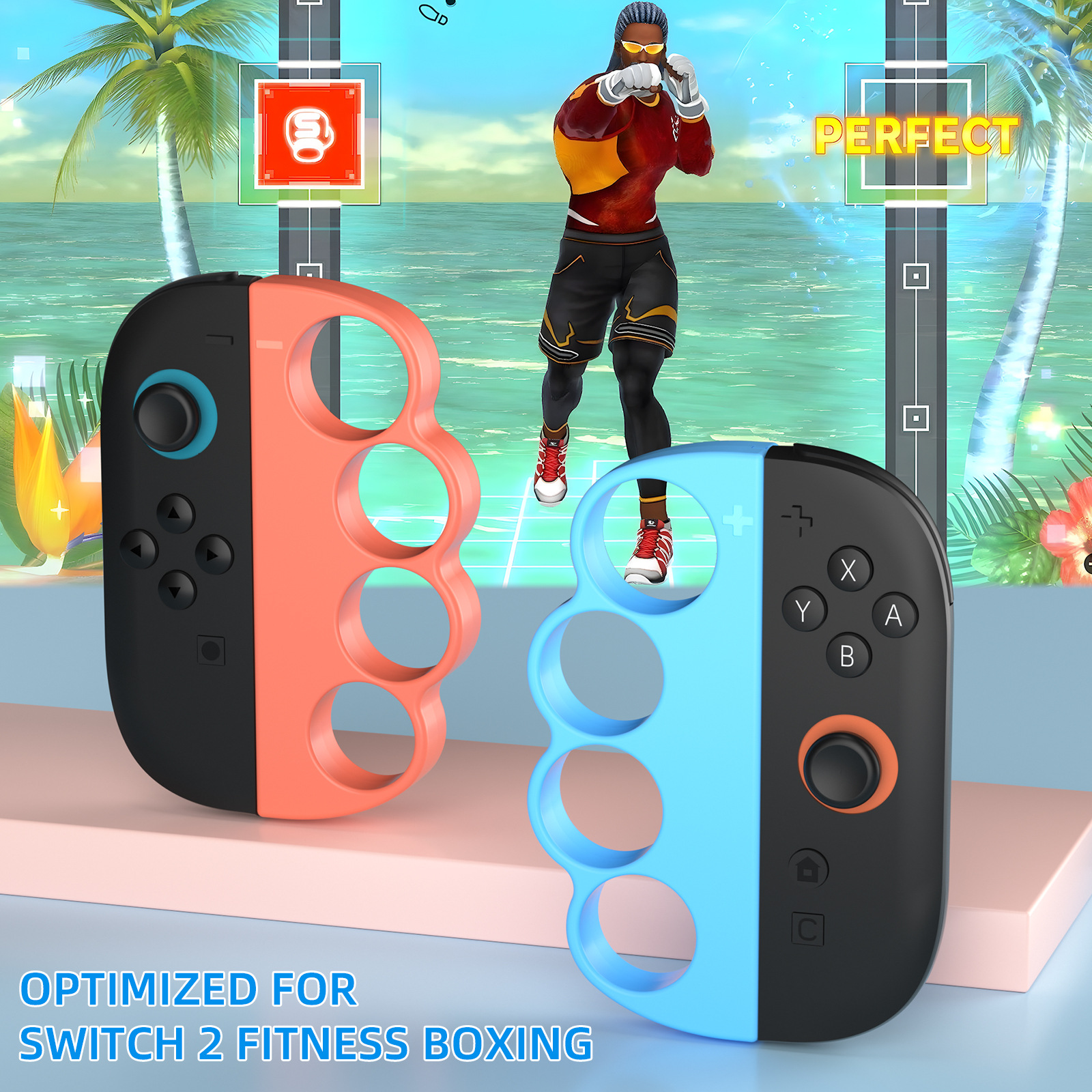 Zwei Gamecontroller, einer blau, einer orange, auf blauem Hintergrund. Eine digitale Spielszene.