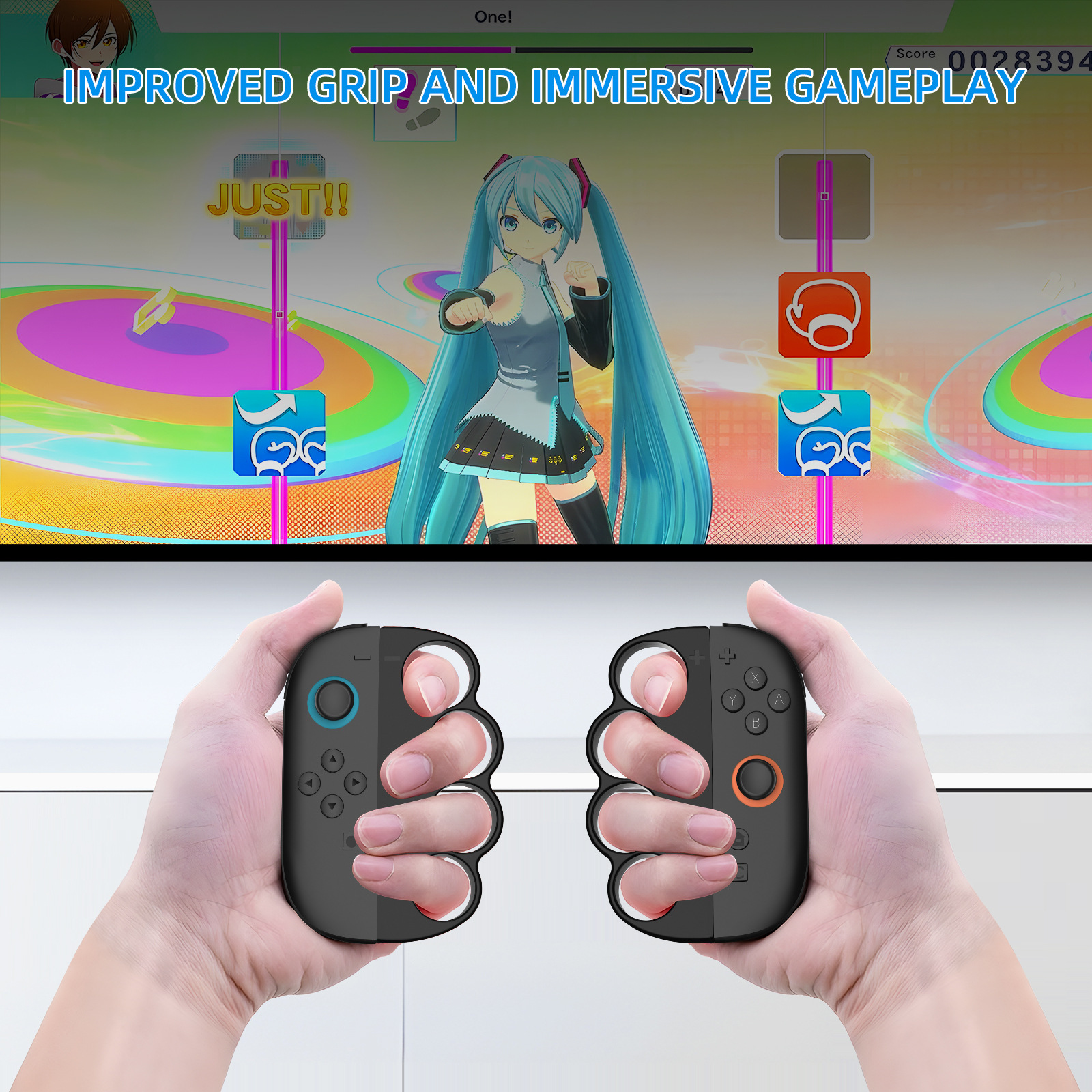 Hände halten Controller mit Fingergriffen vor einem Spielbildschirm. Gameplay wird gezeigt.
