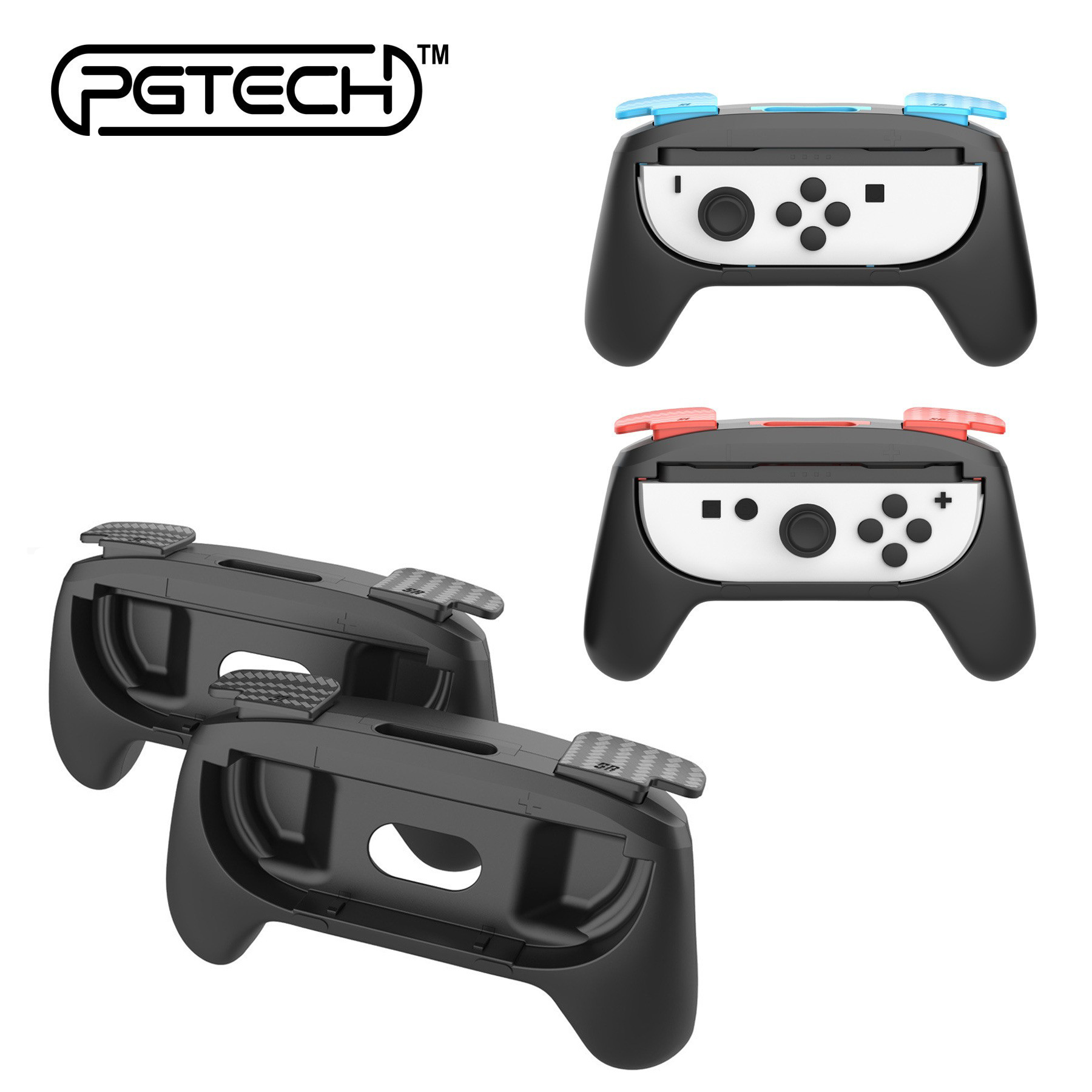 Due impugnature per controller nere con controller bianchi. Il marchio PGTECH è in alto a sinistra.