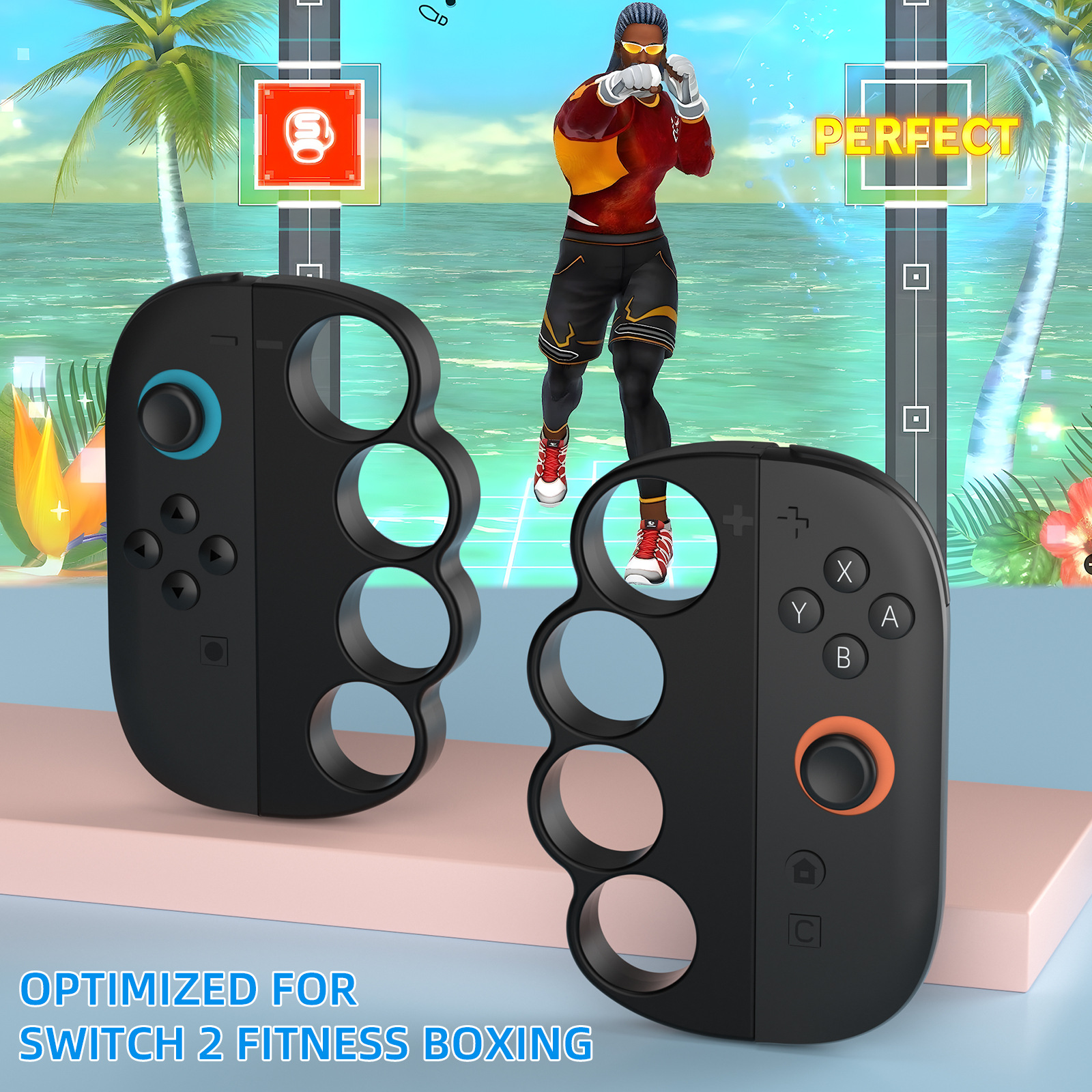 Zwei schwarze Gamecontroller. Ein Boxcharakter wird gezeigt.