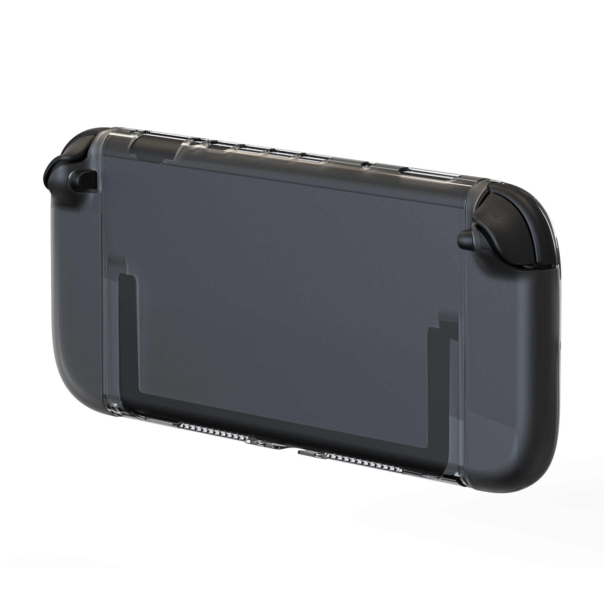 Eine transparente, schwarze Schutzhülle für eine Handheld-Spielkonsole, isoliert auf weißem Hintergrund.