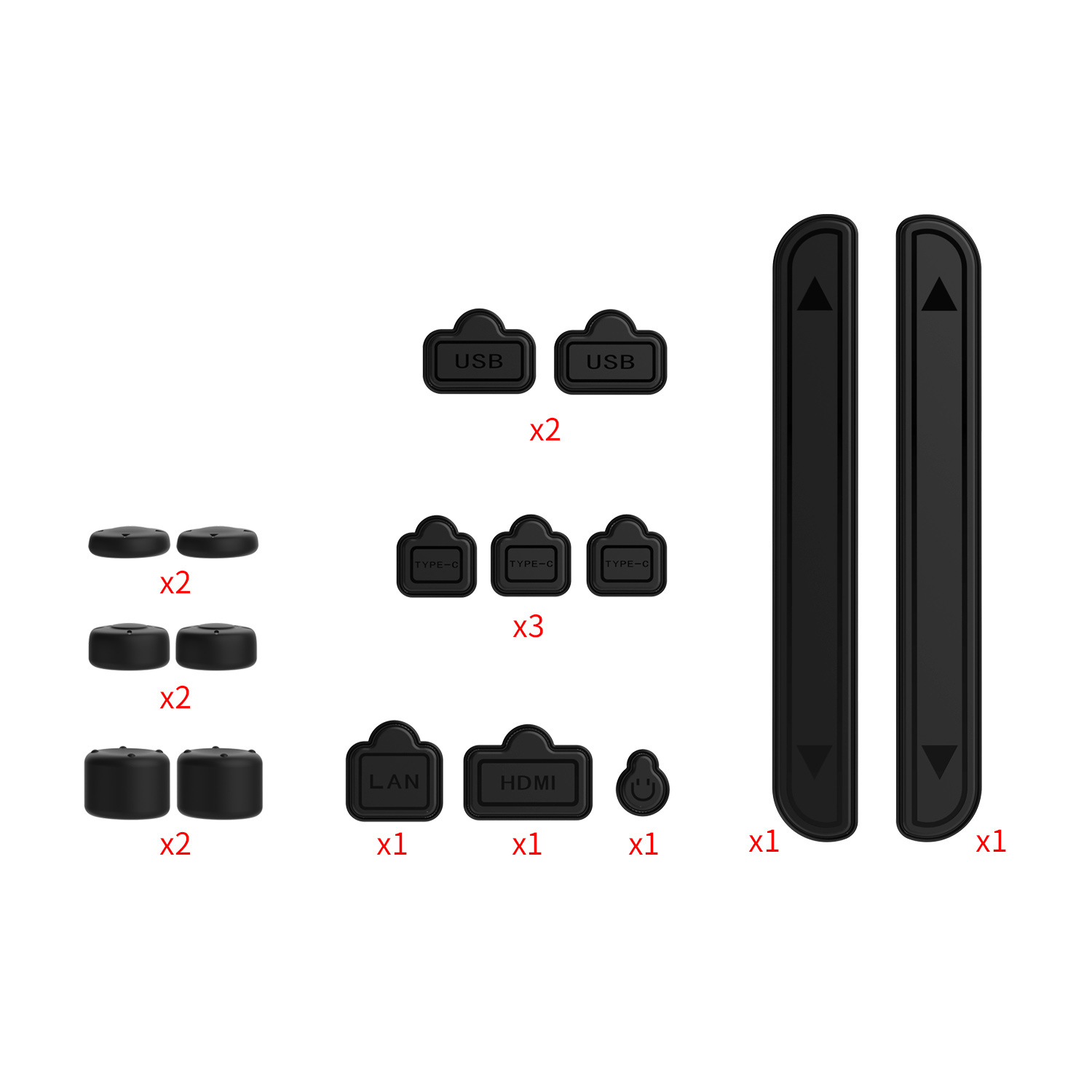 Schwarzes Spielkonsolen-Zubehör: Knöpfe, USB-Anschlüsse, Typ-C-Anschlüsse und ein LAN/HDMI-Anschluss.