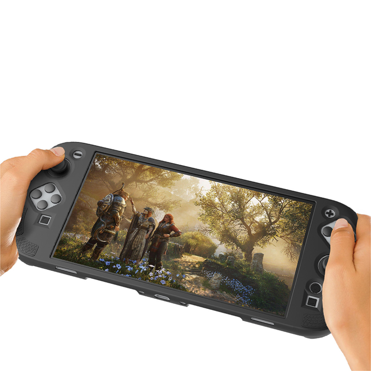 Hände, die eine schwarze Spielkonsole halten, die eine Spielszene mit Charakteren in einem Wald zeigt.