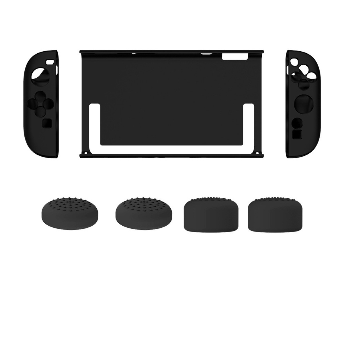 Schwarzes Spielkonsolenzubehör: Controller, Griffe und ein Rahmen.