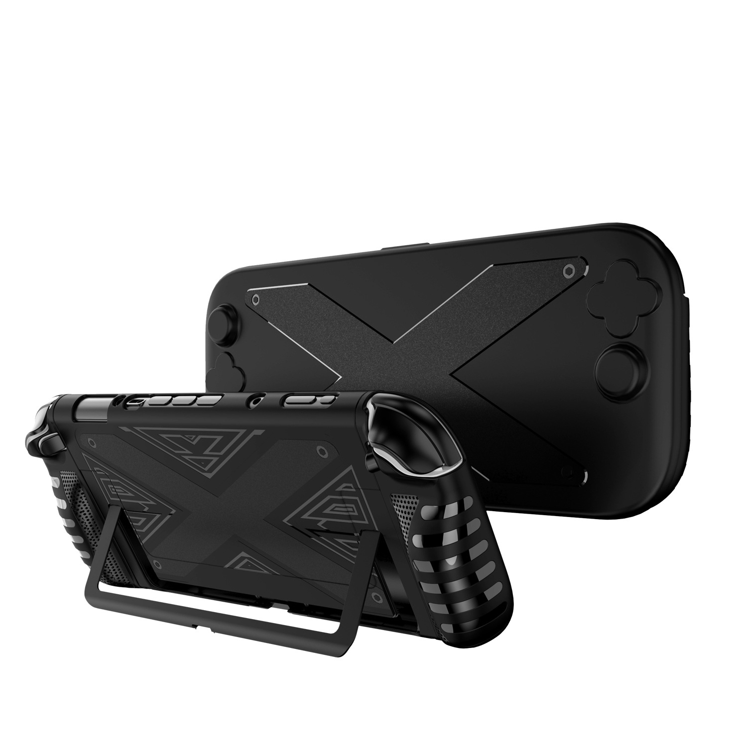 Schwarze Switch-Hülle mit X-Design, steht aufrecht. Eine andere schwarze Hülle dahinter.