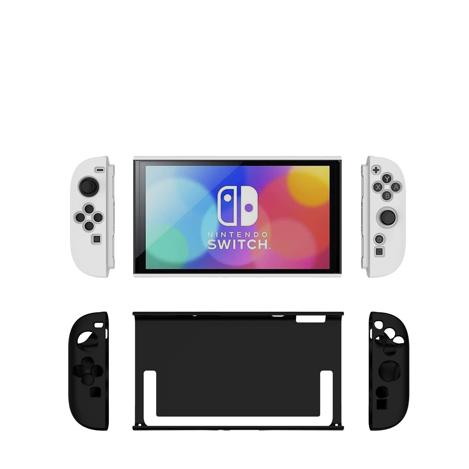 Nintendo Switch Konsole mit abgenommenen Joy-Cons. Schwarz-weißes Farbschema. Alle Komponenten sichtbar.