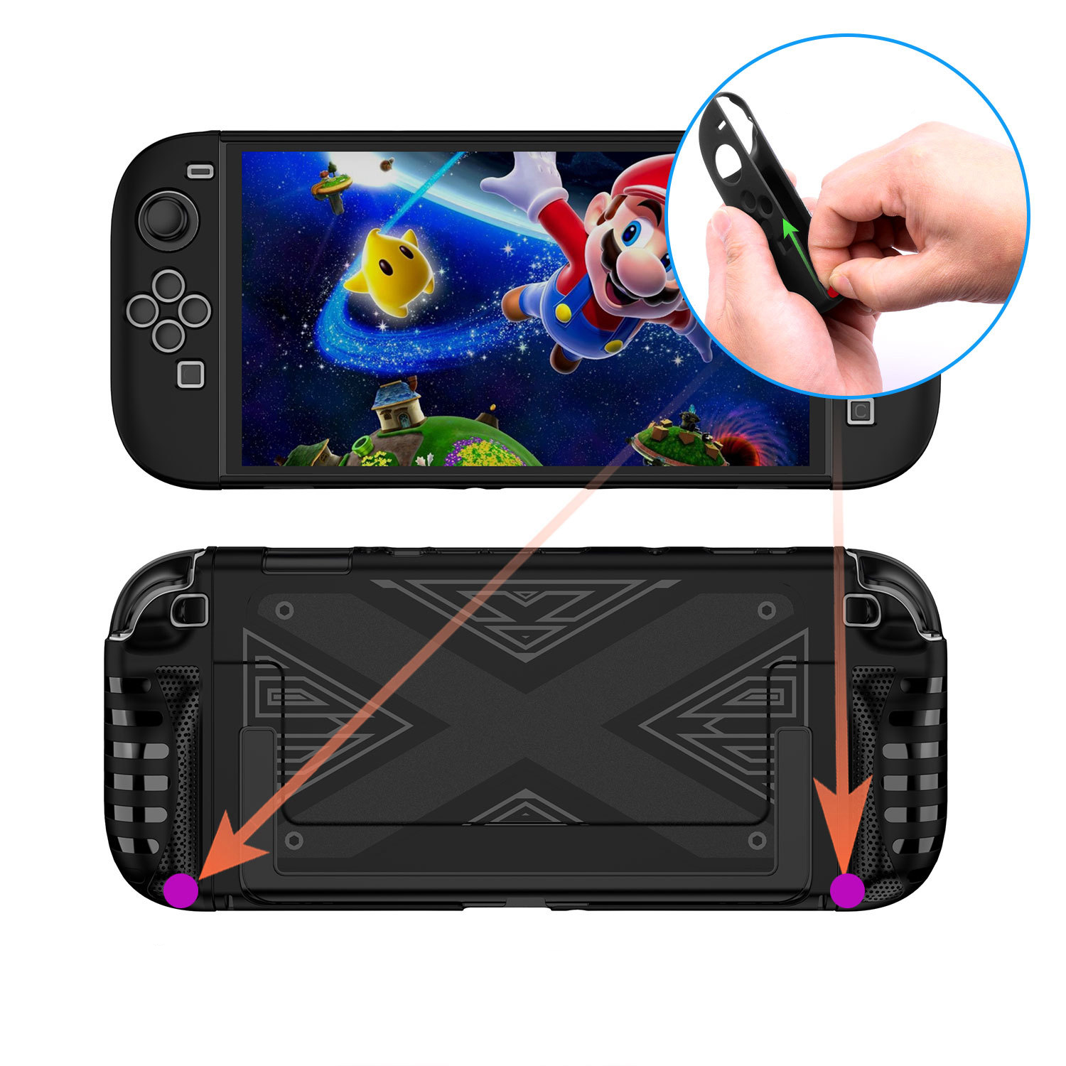 Schwarzer Switch mit Spielbildschirm. Hand entfernt Joy-Con-Abdeckung. Rückseite detailliert.
