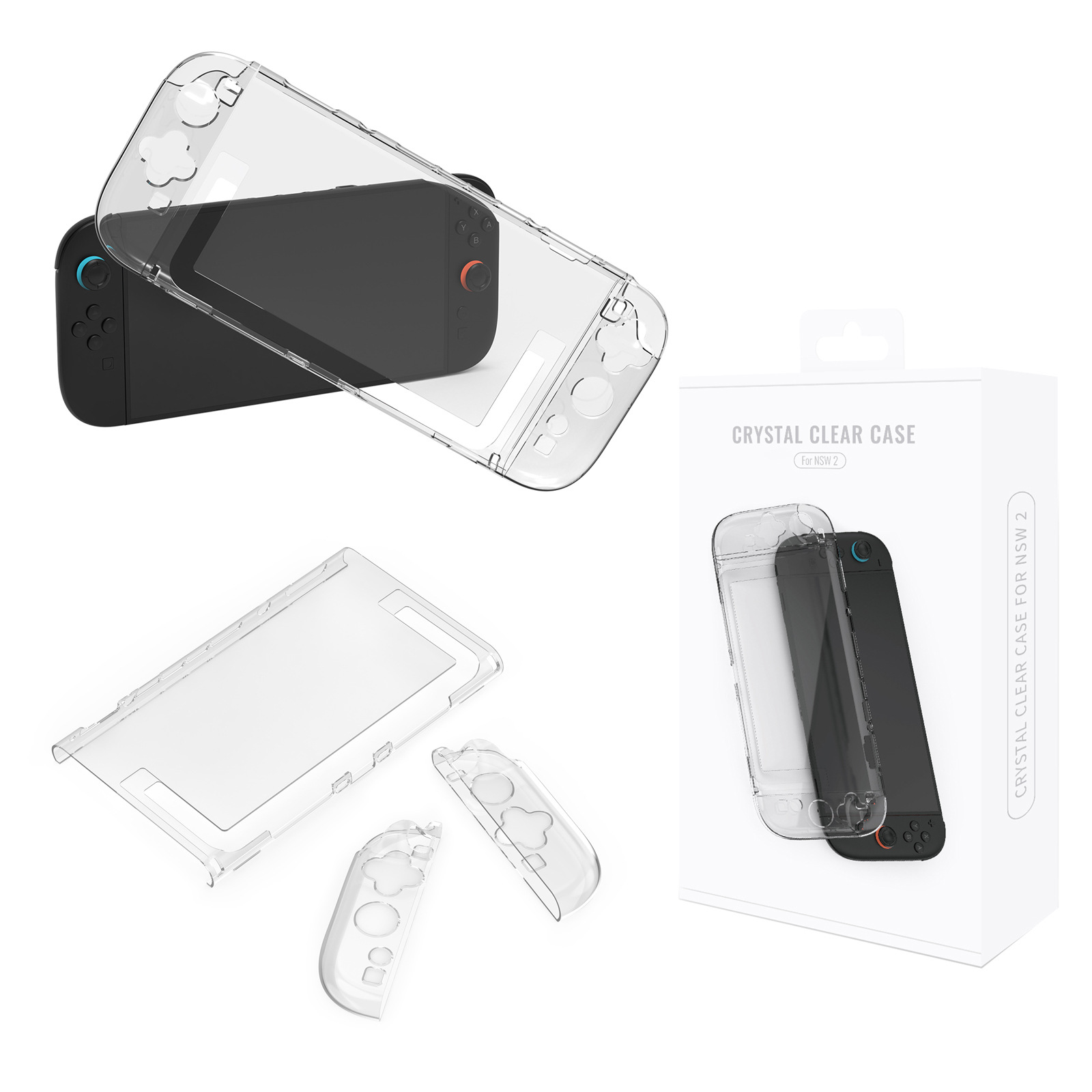 Schwarzer Switch und Klarsicht-Gehäuseteile, mit Verpackung. Das Gehäuse ist für den Switch.