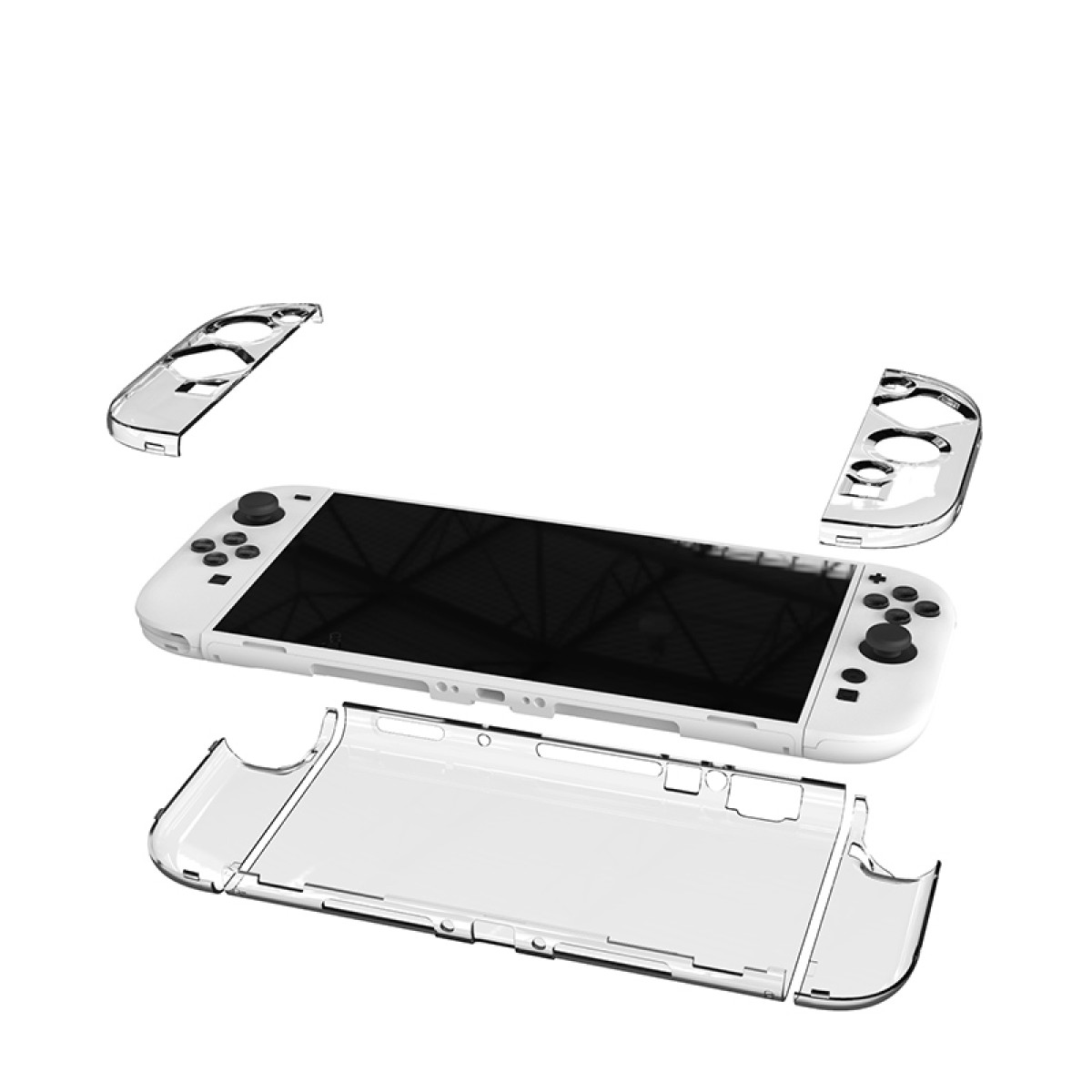 Weißer Switch mit transparenten Gehäusekomponenten. Das Gehäuse ist um den Switch zerlegt.