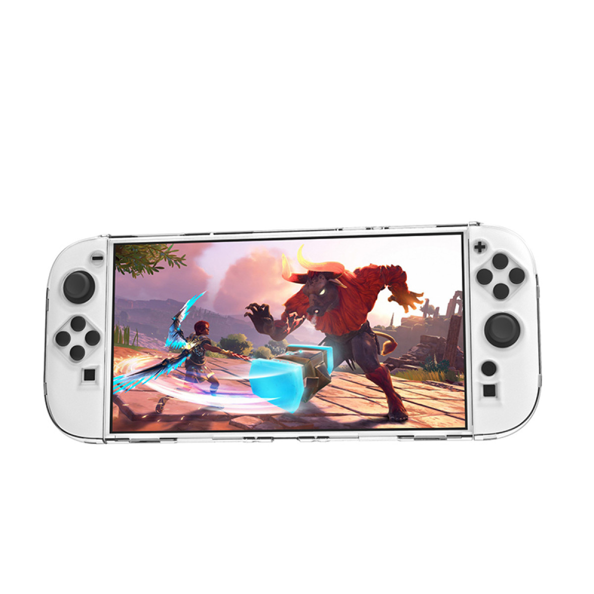 Eine Spielkonsole in einer transparenten Schutzhülle, die eine Videospielszenen anzeigt.