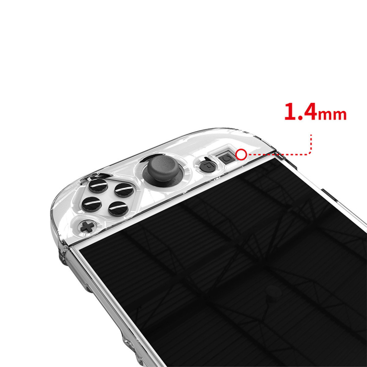 Nahaufnahme einer weißen und klaren Handheld-Spielkonsole. Der Bildschirm ist schwarz und die Tasten sind sichtbar.