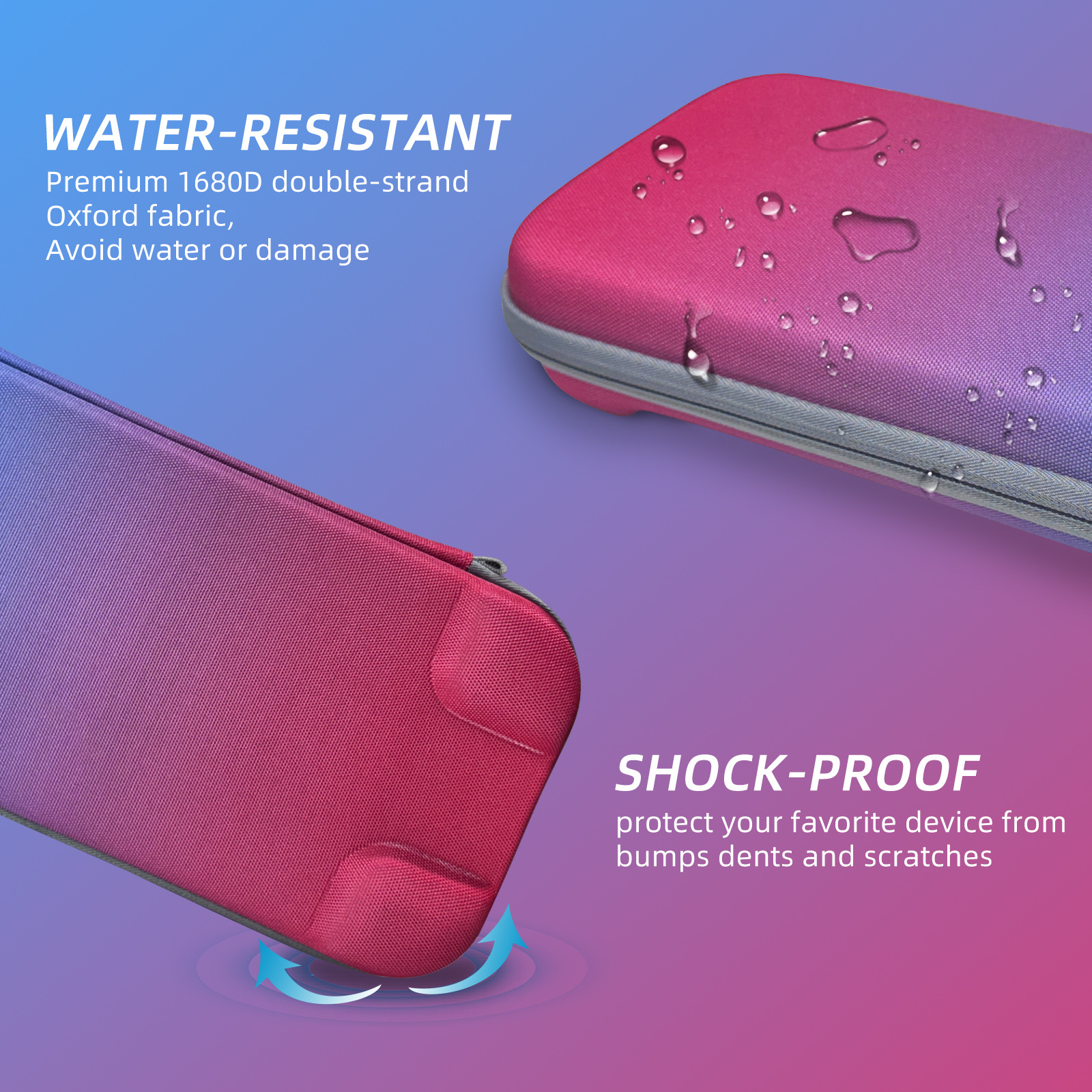 Ein Etui mit blau-rotem Farbverlauf, mit Wassertropfen.