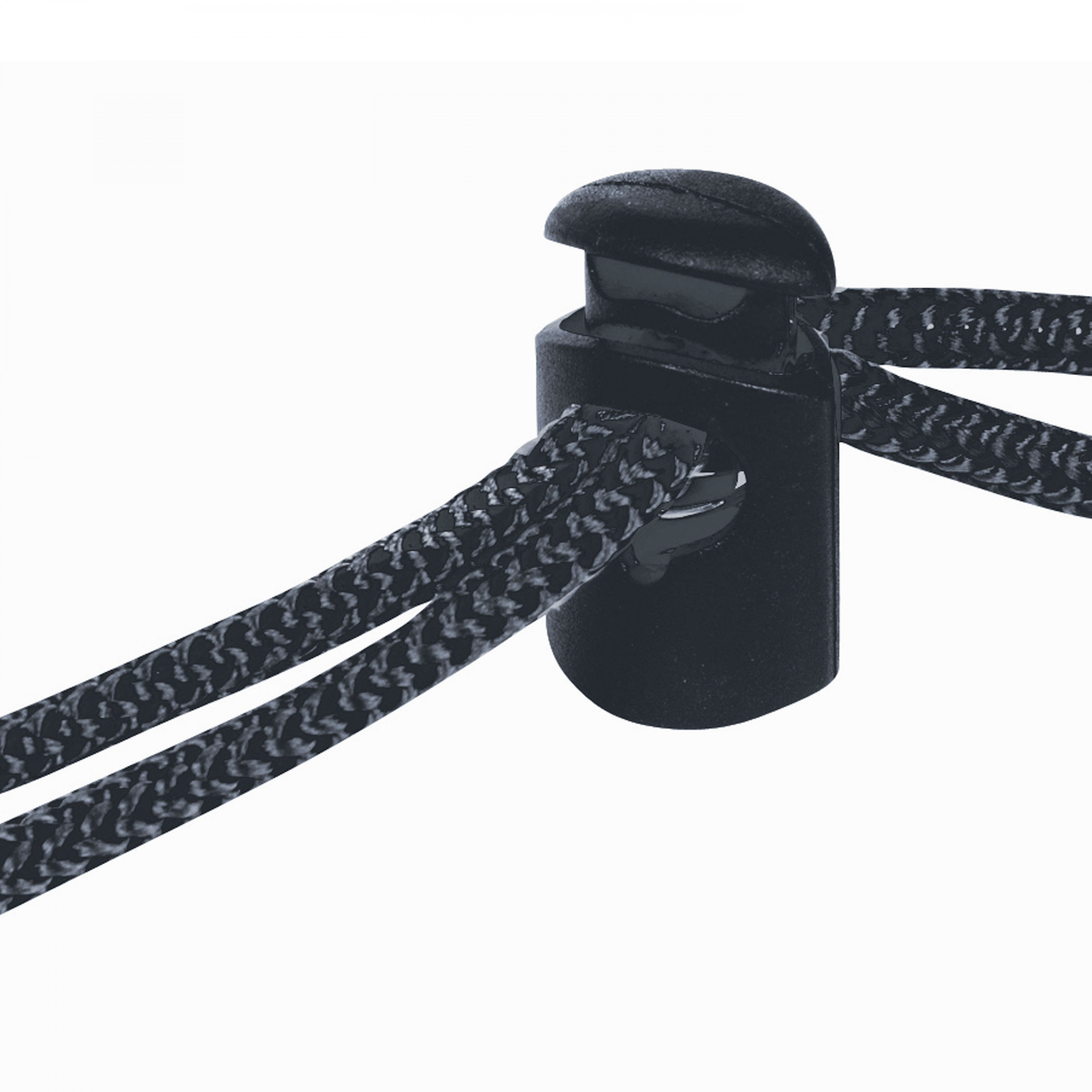 Schwarzer Kordelstopper mit zwei schwarz-grauen Kordeln.