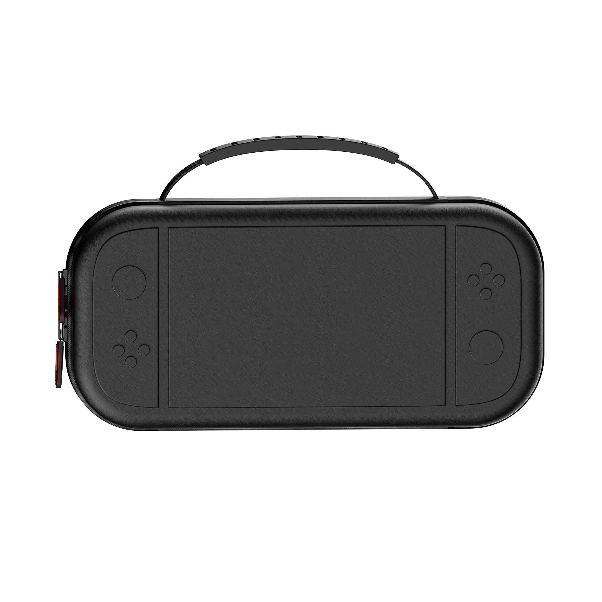 Schwarze Nintendo Switch Hülle mit Griff und Knöpfen.