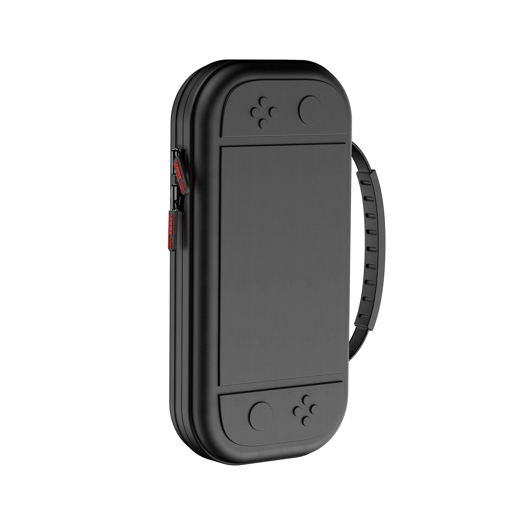 Schwarzes Switch-Case, Seitenansicht mit Knöpfen.