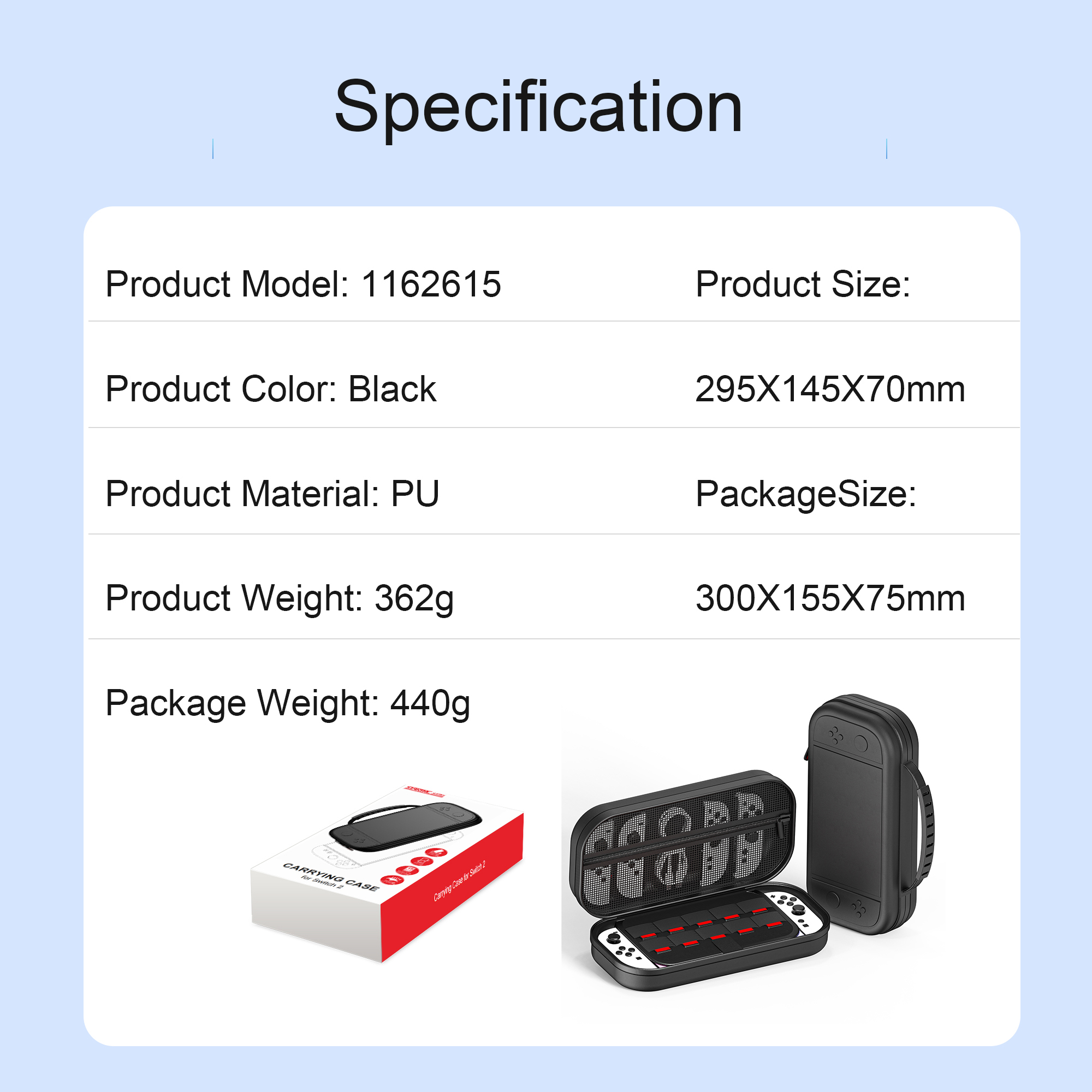 Ein Datenblatt mit Produktinformationen. Es zeigt Produktfarbe, Größe, Gewicht, Material und Paketdetails.