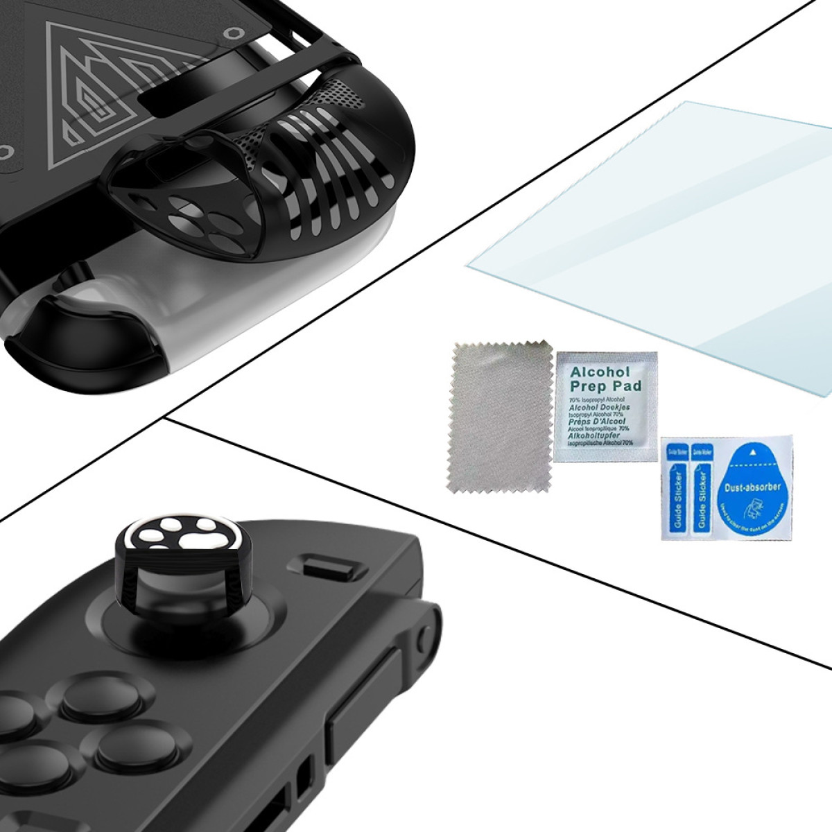 Schwarzer Controller mit Zubehör wie Displayschutz und Reinigungstuch.