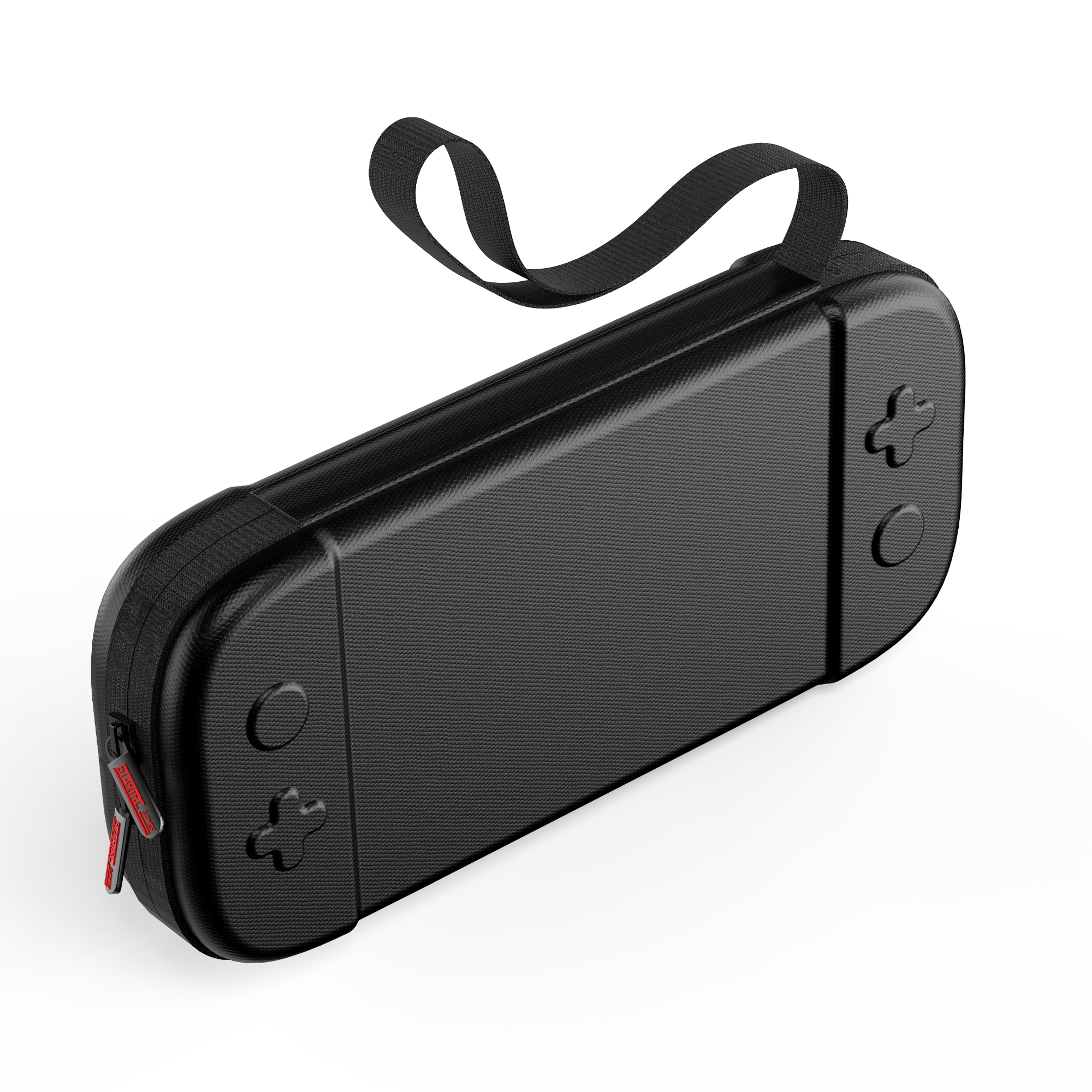 Schwarze, strukturierte Switch-Hülle mit rotem Reißverschluss und Griff.
