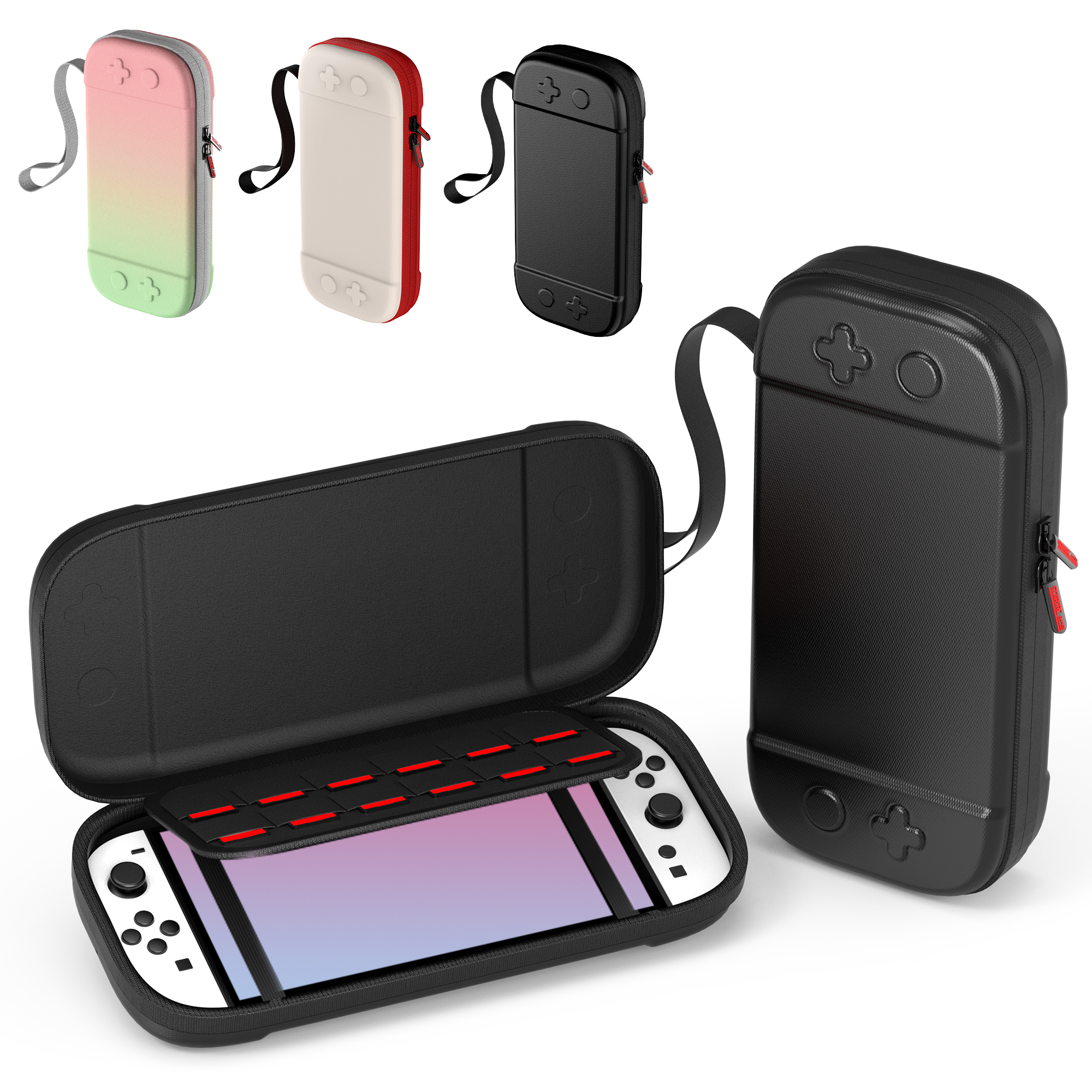 Mehrere Switch-Hüllen, offen und geschlossen, in verschiedenen Farben.