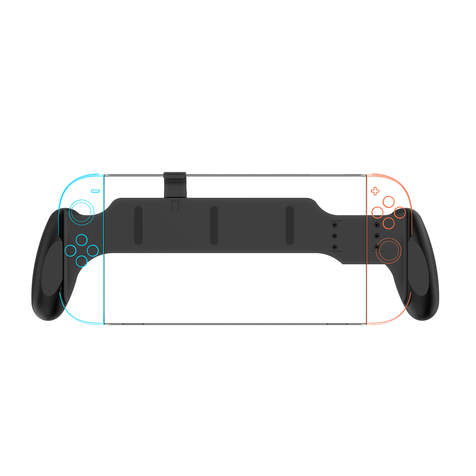 Czarny kontroler Switch z kolorowymi obrysami przycisków.