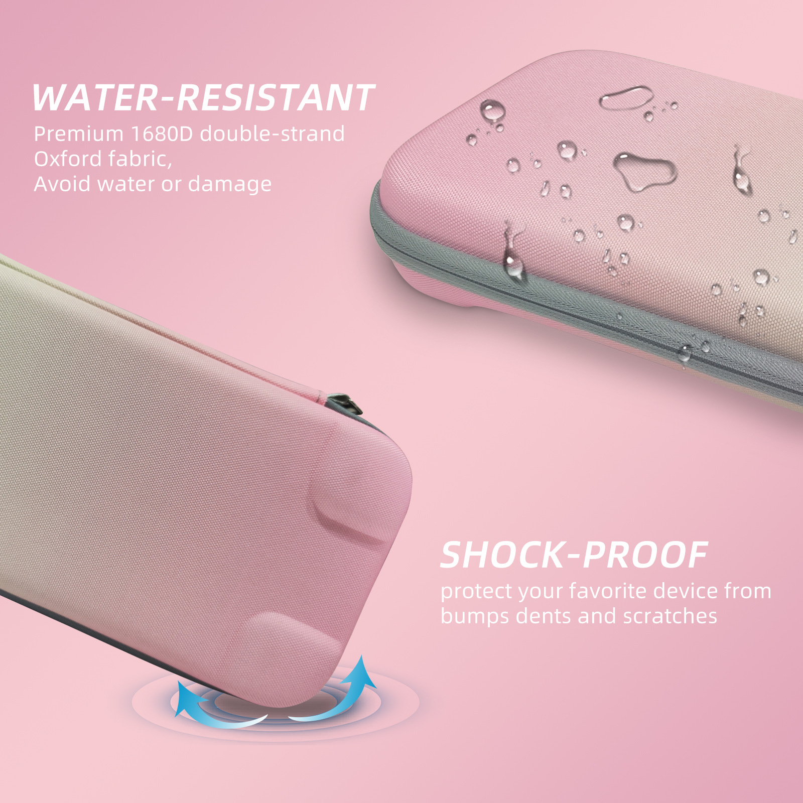 Nahaufnahme einer pinken Switch-Hülle mit Wassertropfen. Stoßfest.