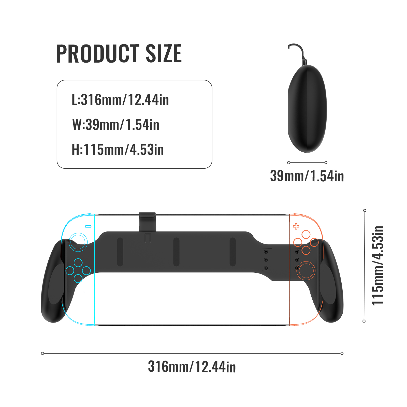 Diagram rozmiaru produktu: wymiary etui Switch i kontroler.