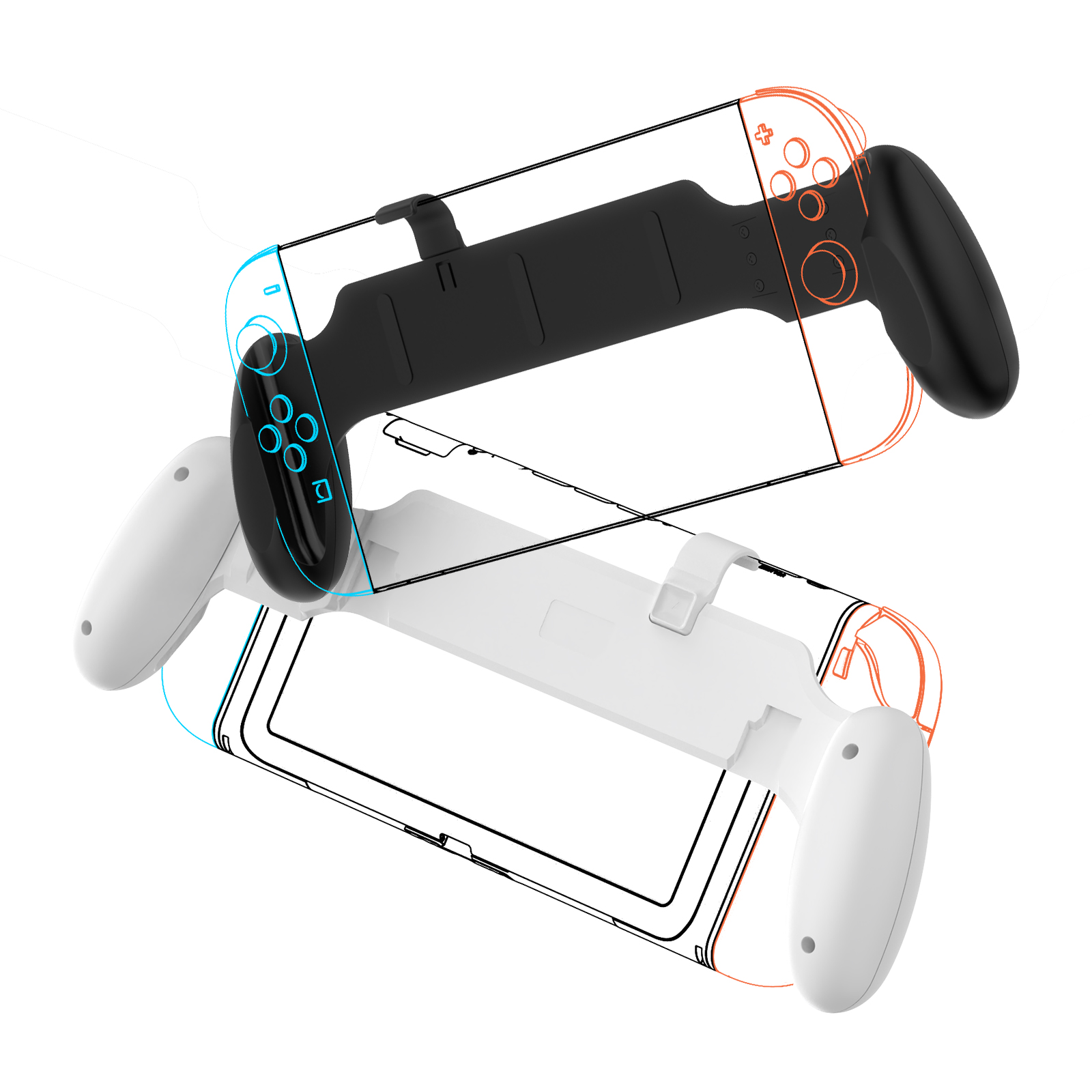 Czarno-biały kontroler Switch z kolorowymi obrysami.