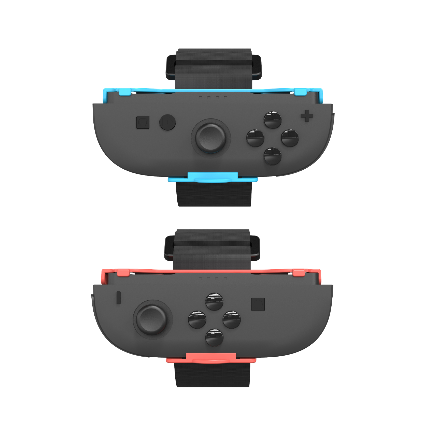 Due controller per console di gioco con pulsanti neri e bianchi sulla parte superiore. Hanno accenti rossi e blu.