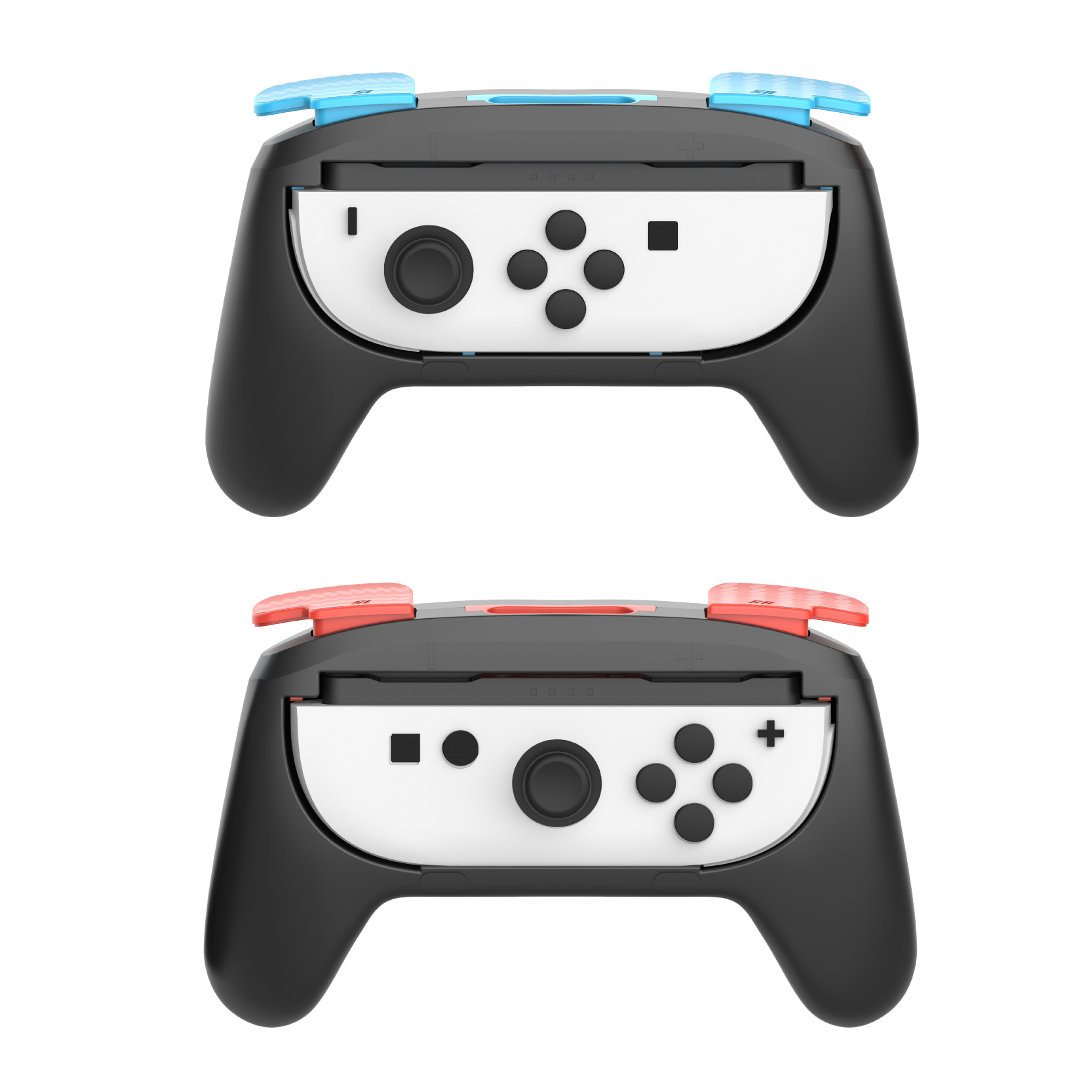 Due impugnature per controller per console di gioco con manici neri e accenti di pulsanti rossi e blu, dettagli bianchi.