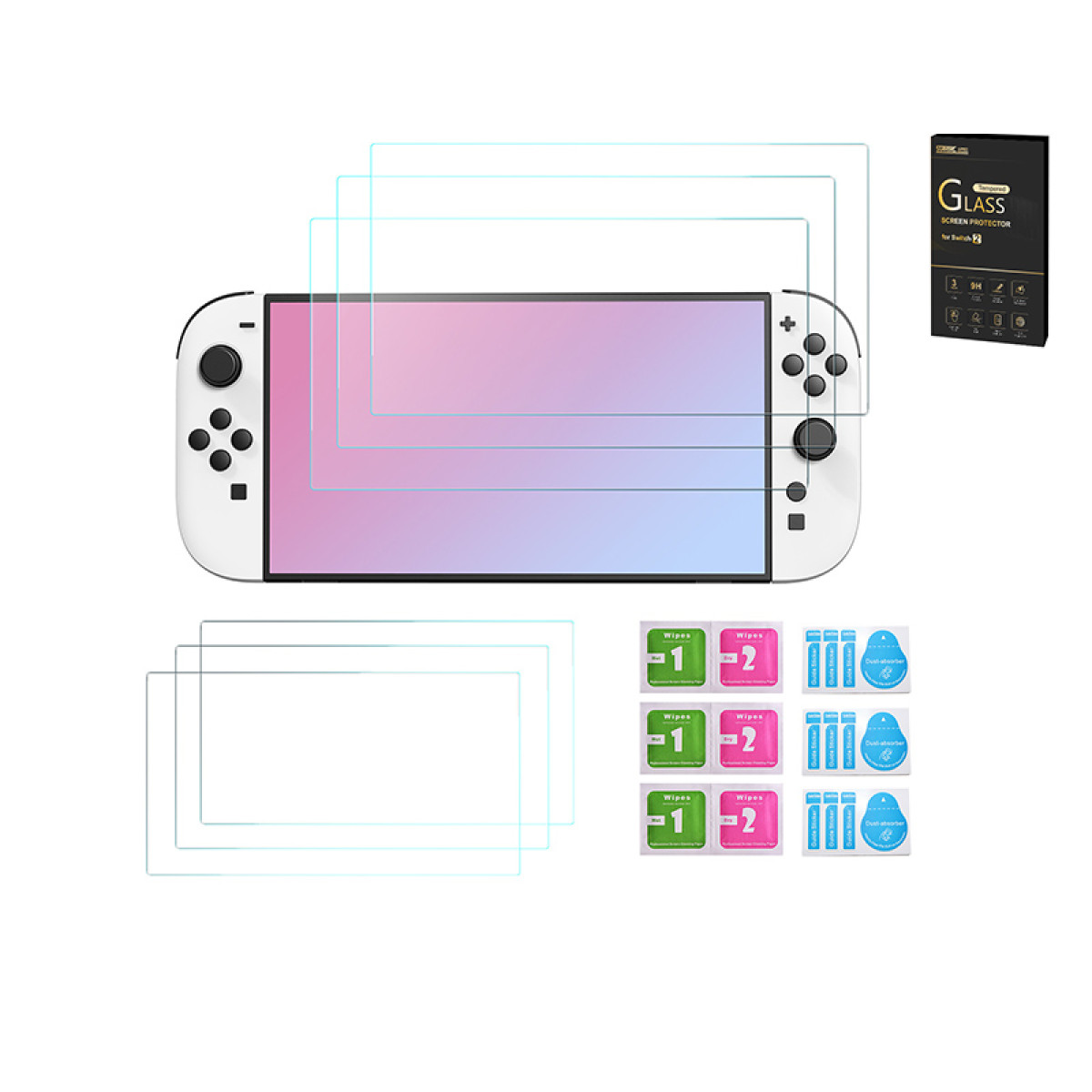 Biała i różowa folia ochronna na ekran Nintendo Switch. Widoczne kilka ochraniaczy i chusteczek czyszczących.