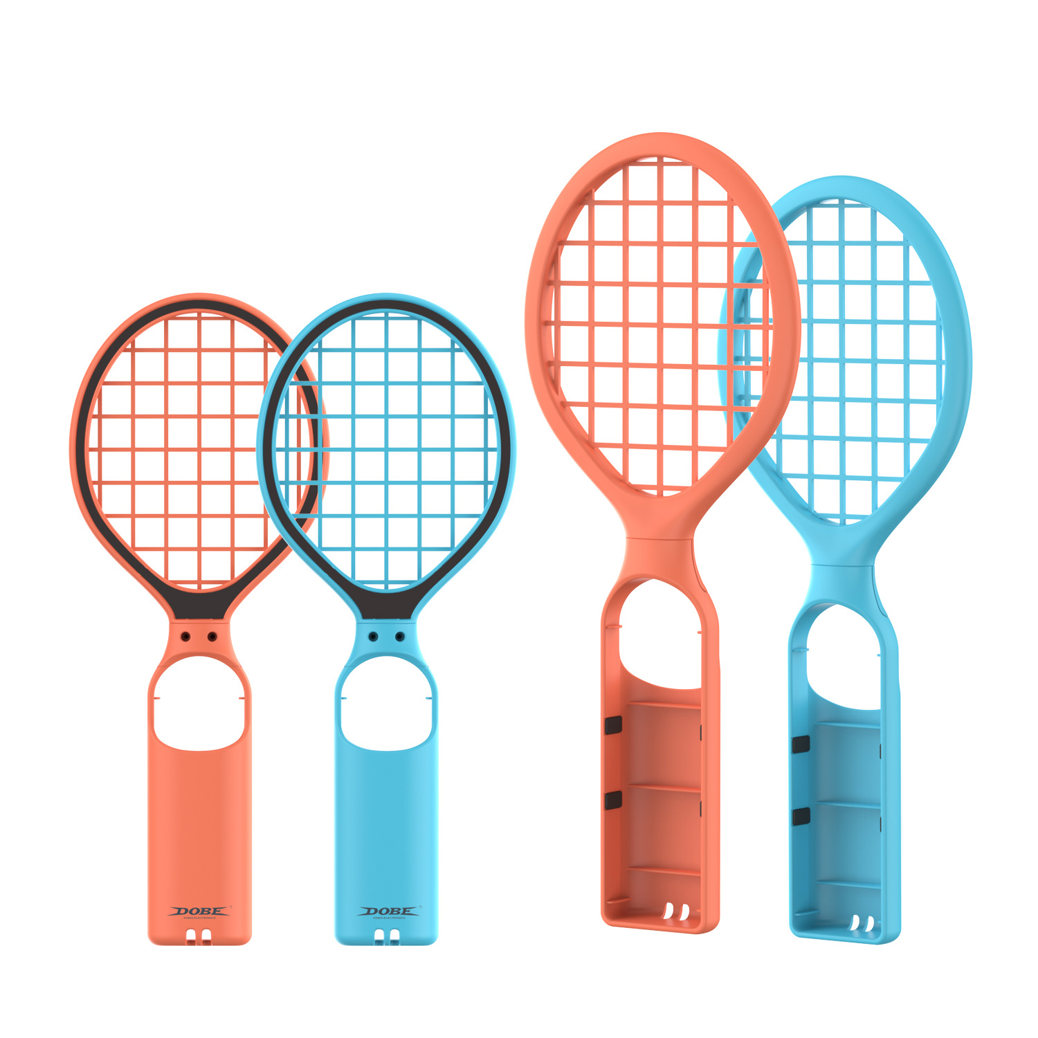 Cztery rakiety tenisowe. Dwie są pomarańczowe, dwie niebieskie. Rakiety mają uchwyt i siatkę.
