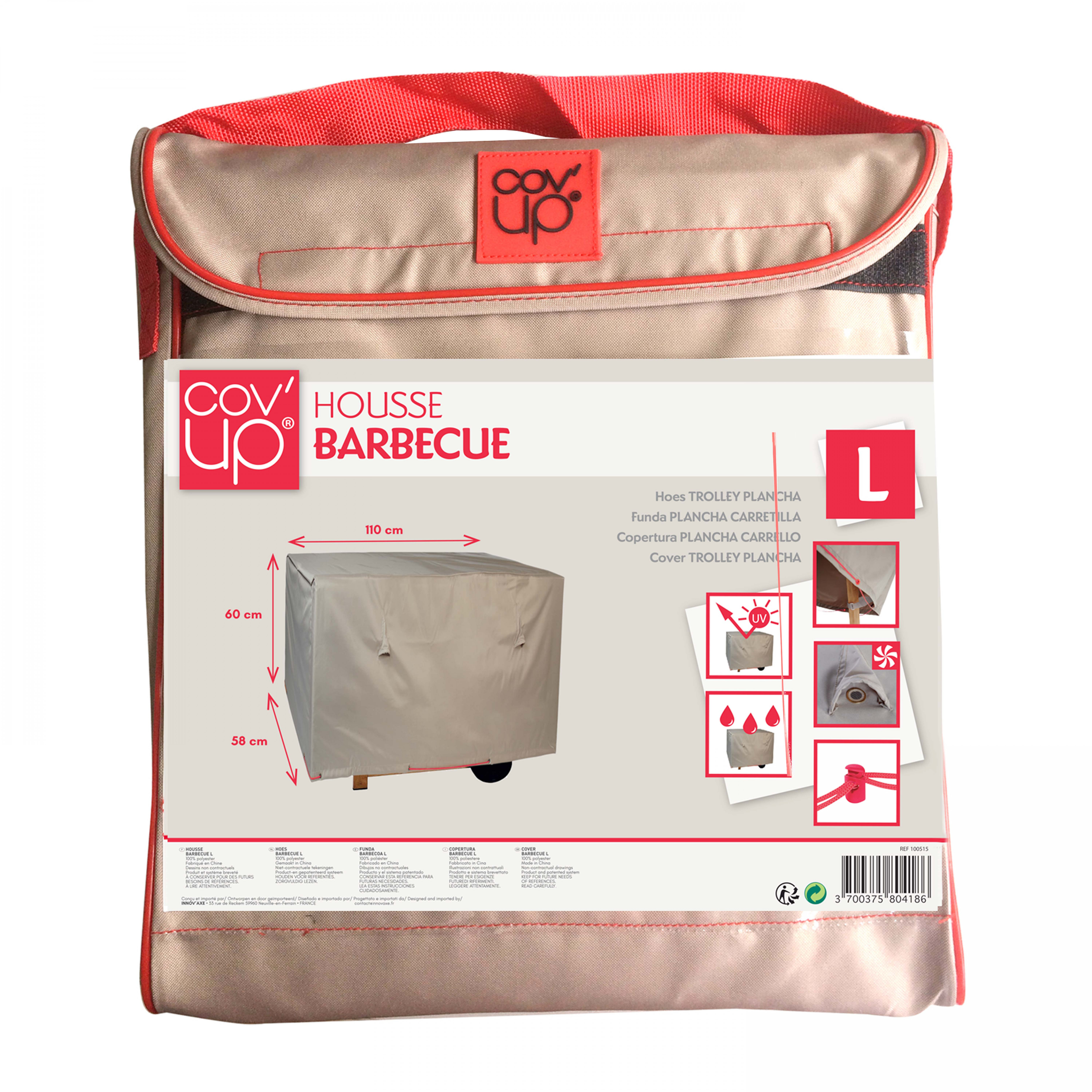 Verpackung für eine Grillabdeckung mit Diagrammen, Abmessungen und Produktinformationen.