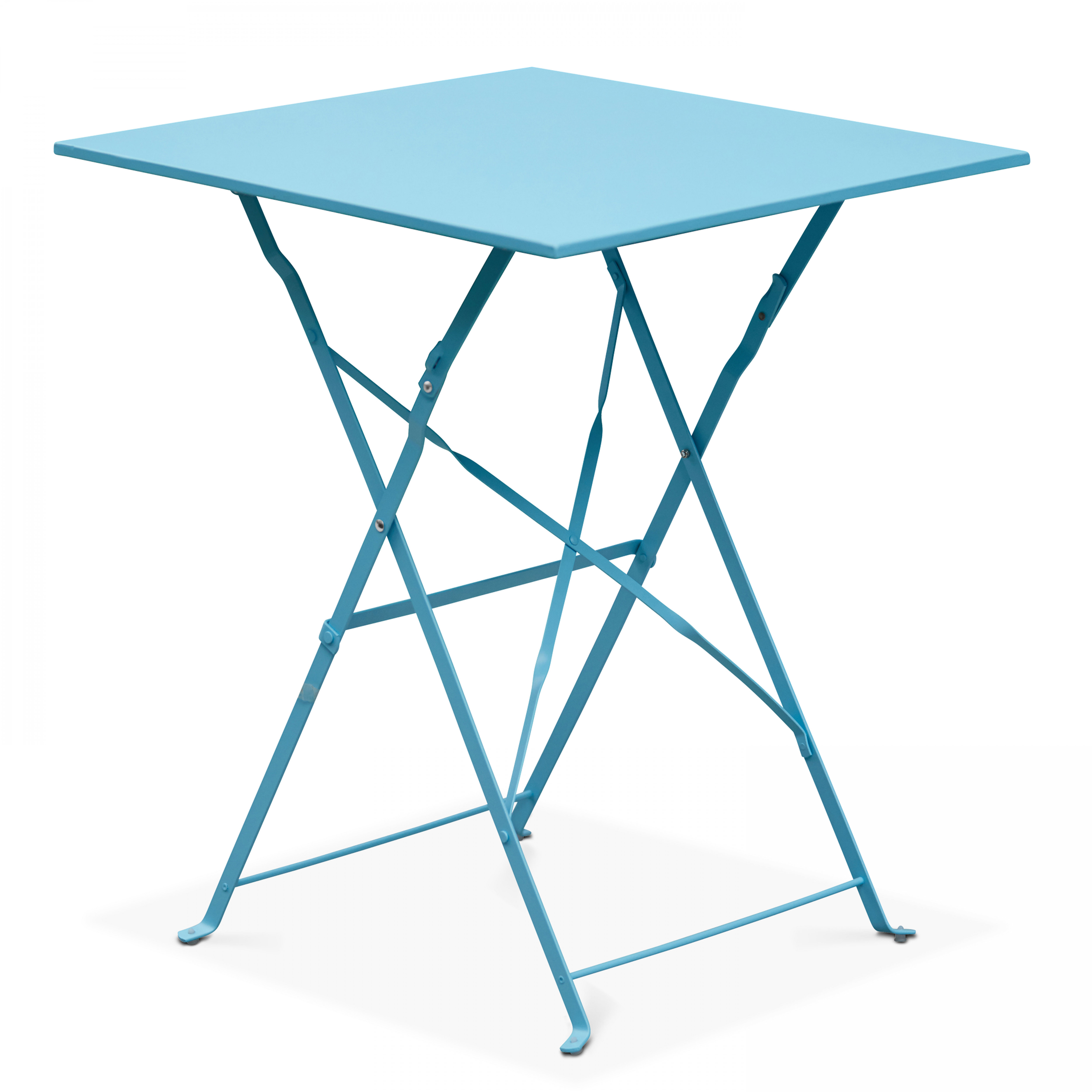 Ein türkisfarbener quadratischer Tisch mit Klappdesign, vor weißem Hintergrund.