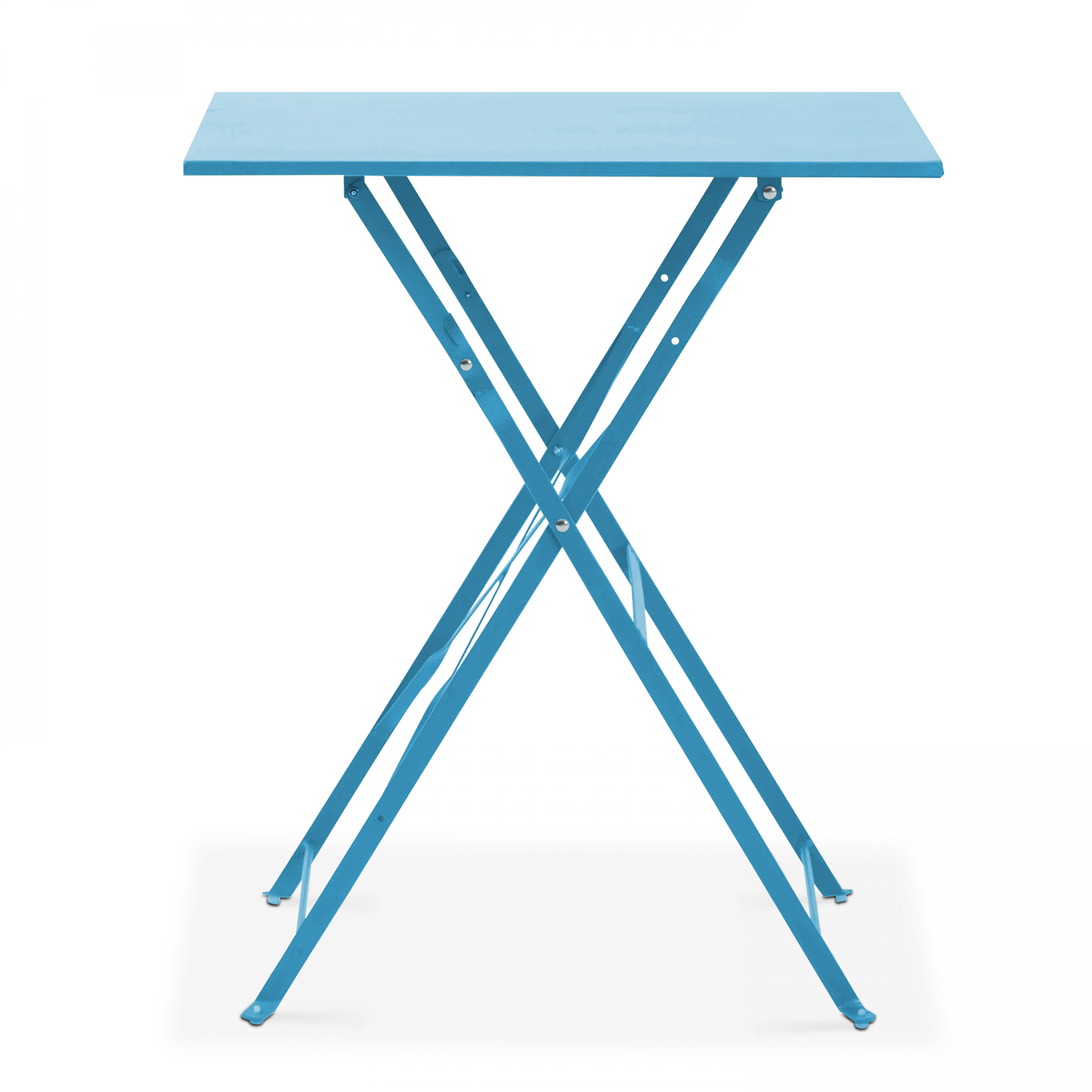 Ein türkisfarbener quadratischer Tisch mit Klappdesign, vor weißem Hintergrund.